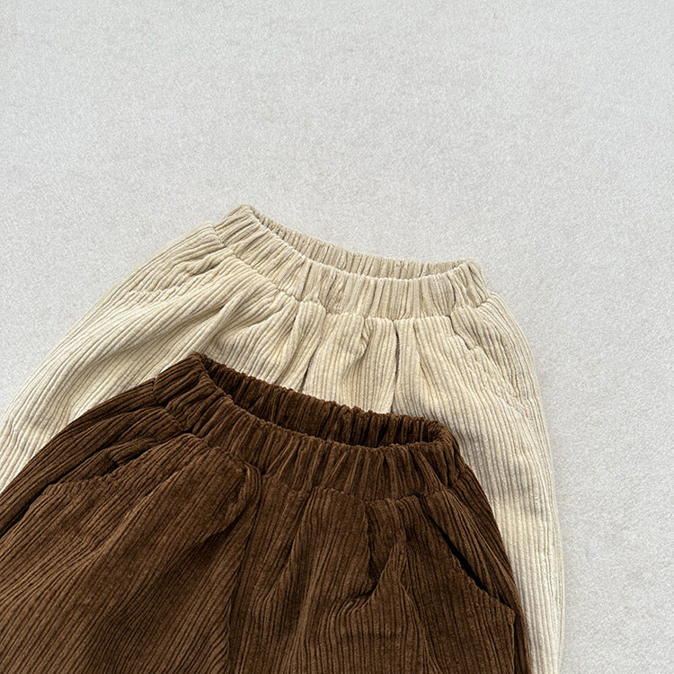 Winter Children’s Cozy Lantern Pants in beige and brown corduroy, showcasing a stylish retro design for kids.