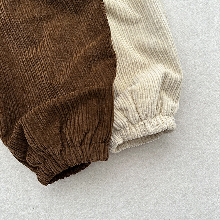 Winter Children’s Cozy Lantern Pants in beige and brown corduroy, showcasing a stylish retro design for kids.