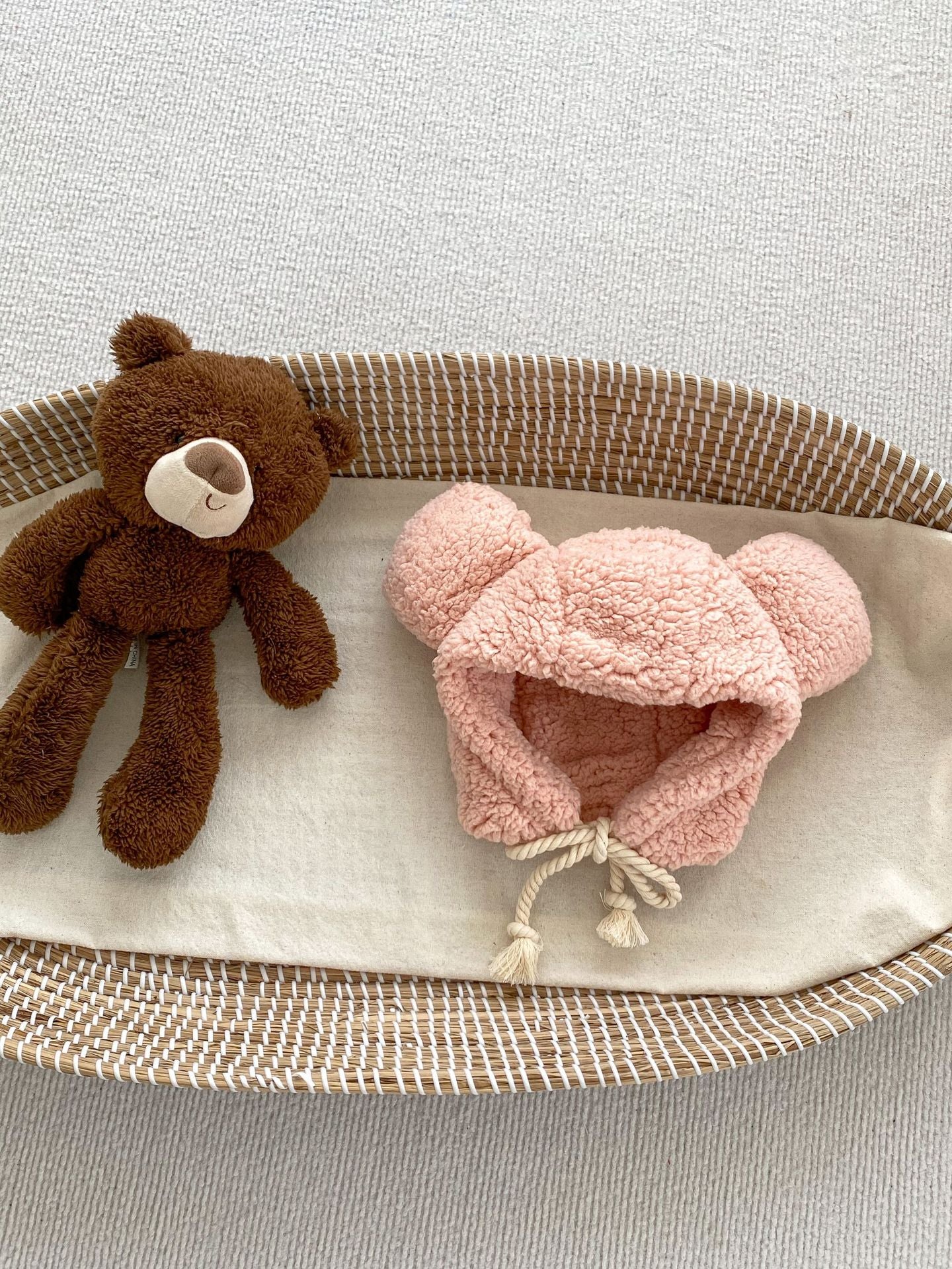 Winter Infant Bomber Hat in pink, khaki, and beige, fluffy thermal material for boys and girls, perfect for cold weather.