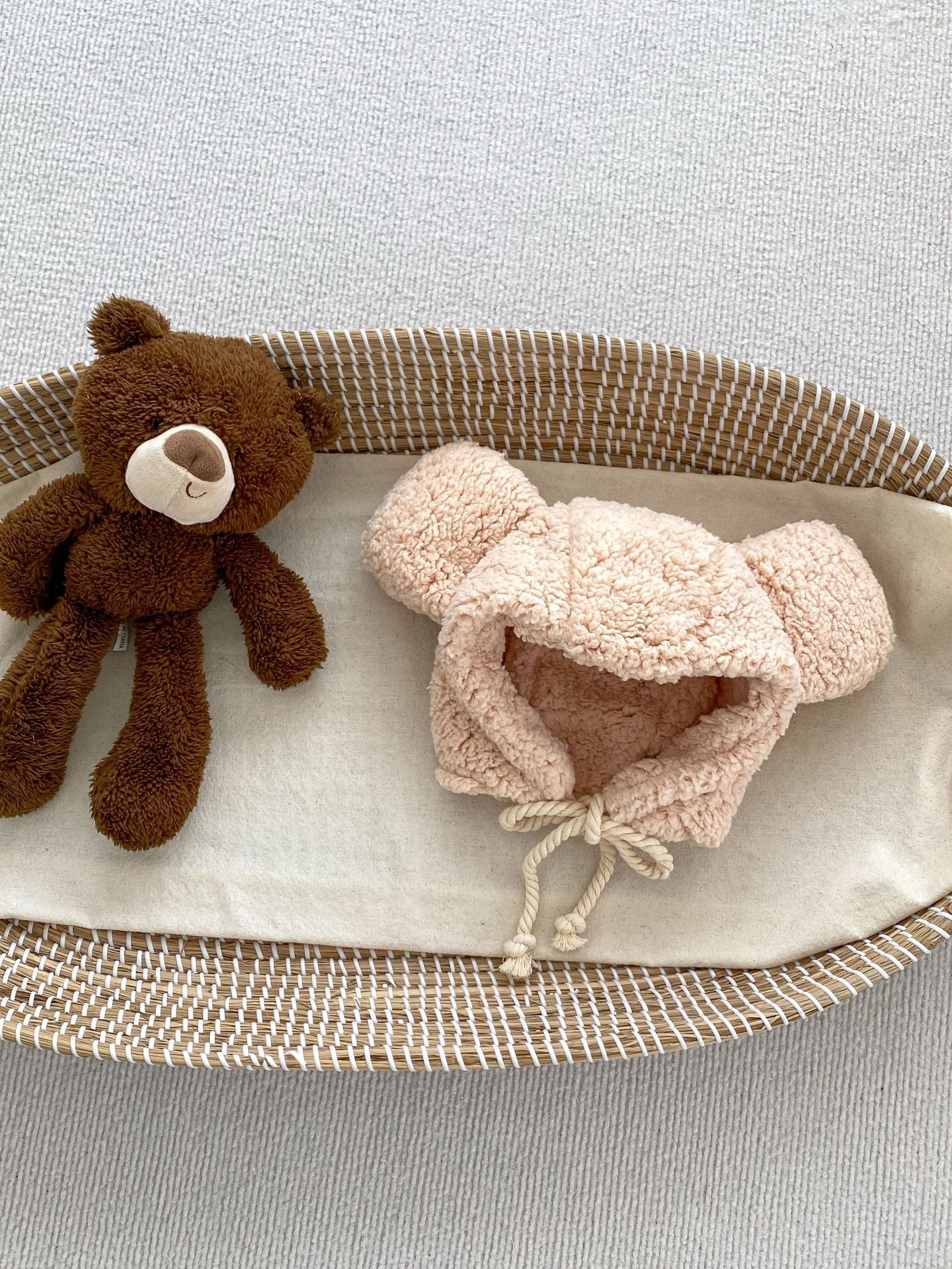 Winter Infant Bomber Hat in pink, khaki, and beige, fluffy thermal material for boys and girls, perfect for cold weather.