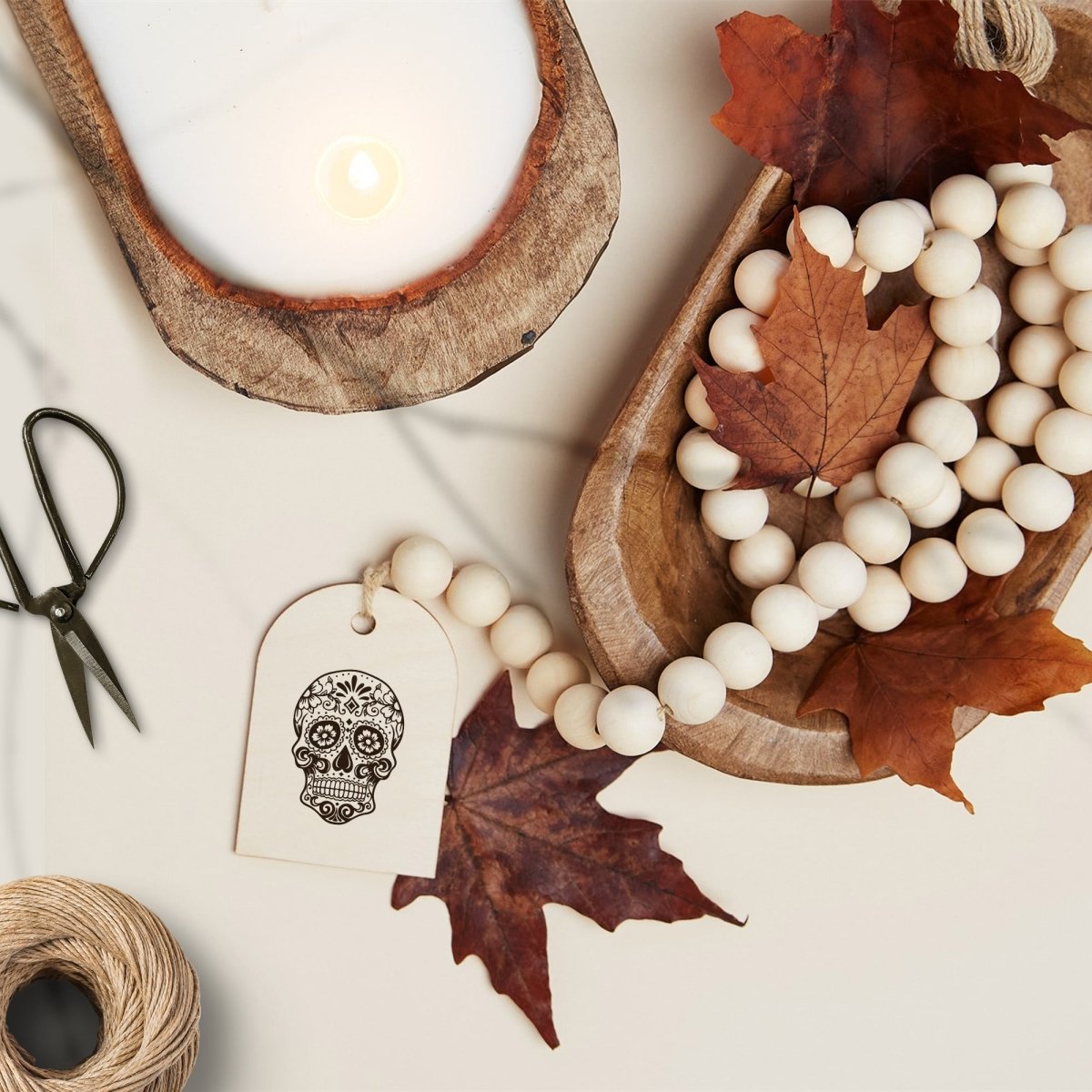 Wood Bead Garland featuring a wooden charm and jute tassel, showcasing natural beads and rustic charm.