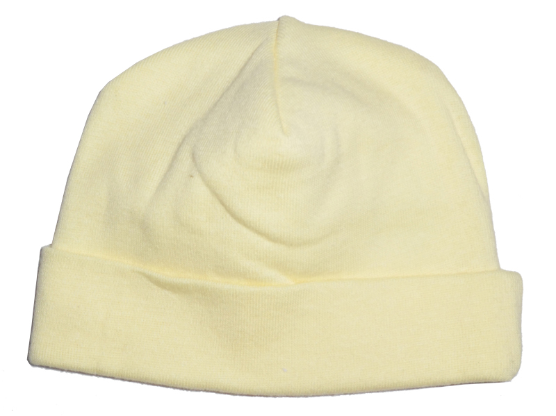 A soft pastel yellow baby cap made of 100% cotton, designed for infants with a stretchy fit.