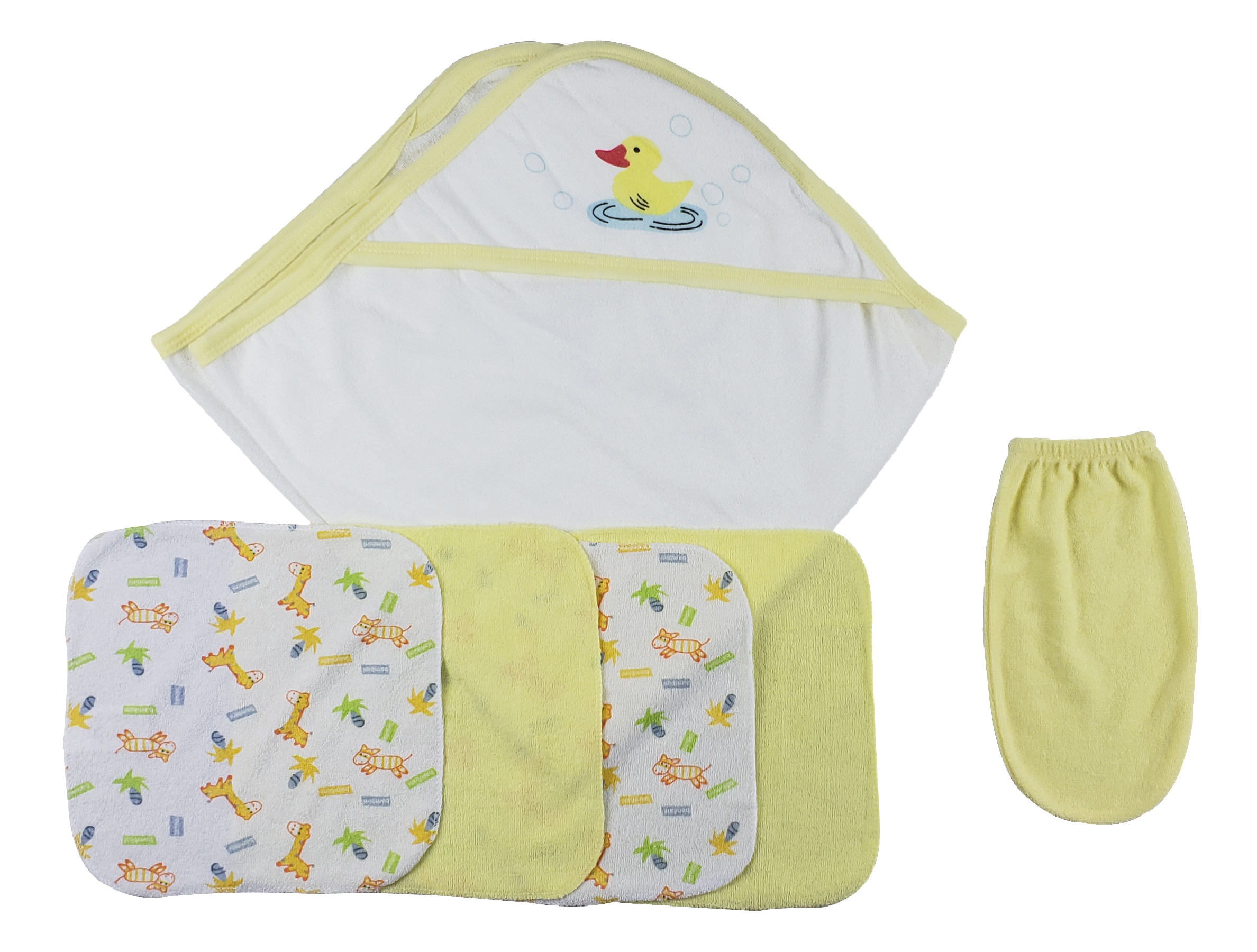 A vibrant yellow hooded towel set for babies, including a hooded towel, washcloths, and a washcloth mitten, all made from soft cotton.