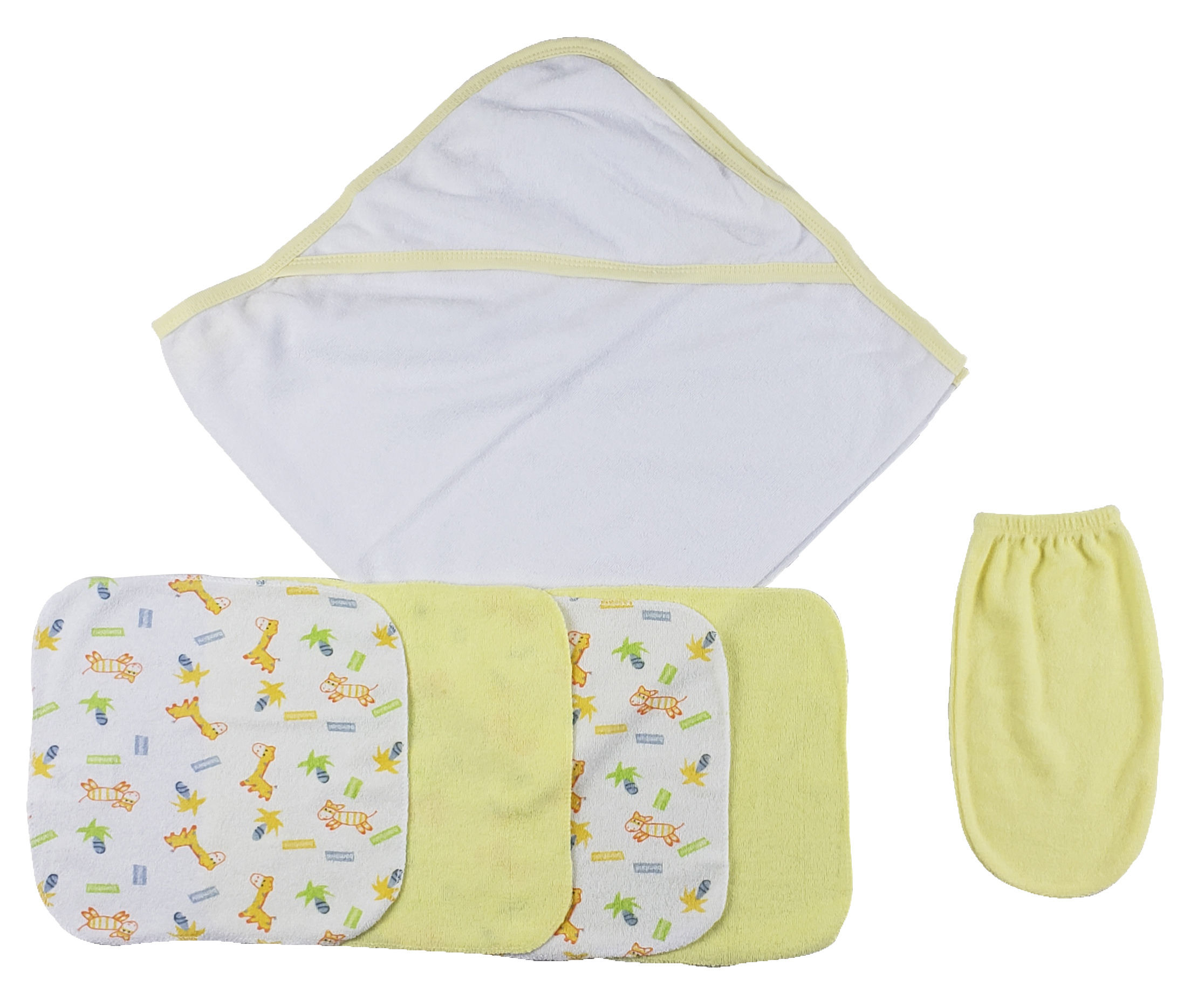 A cozy yellow hooded towel set for newborns, including washcloths and a hand washcloth mitten, perfect for bath time.