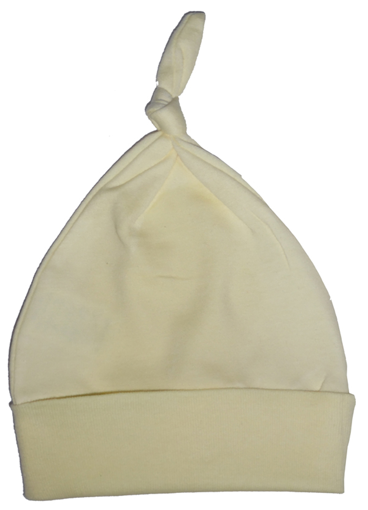 A bright yellow knotted baby cap made of soft cotton, designed for infants up to 18 months, perfect for keeping little heads warm.