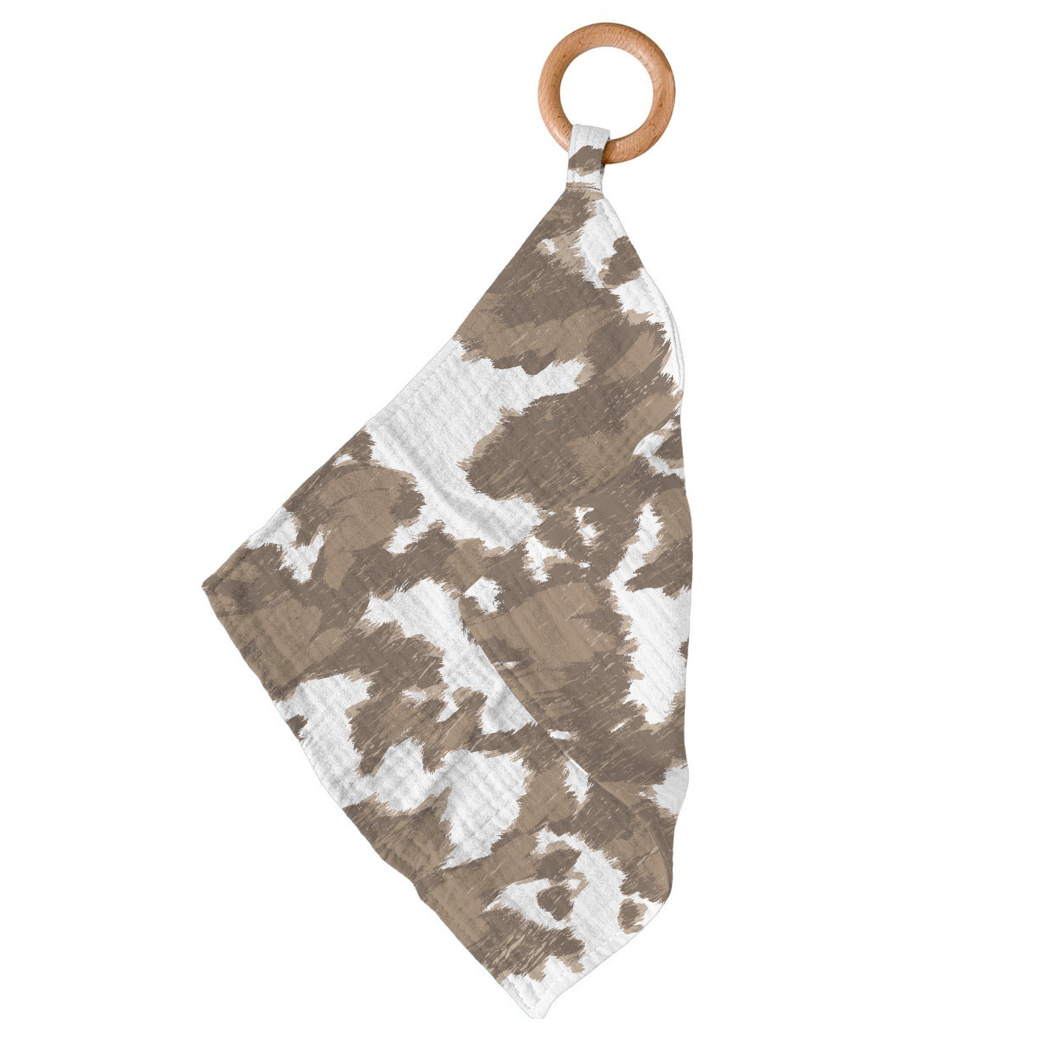 Yellowstone Cowhide Newcastle Teether featuring a soft bamboo blankie and a removable beach wood ring for teething relief.