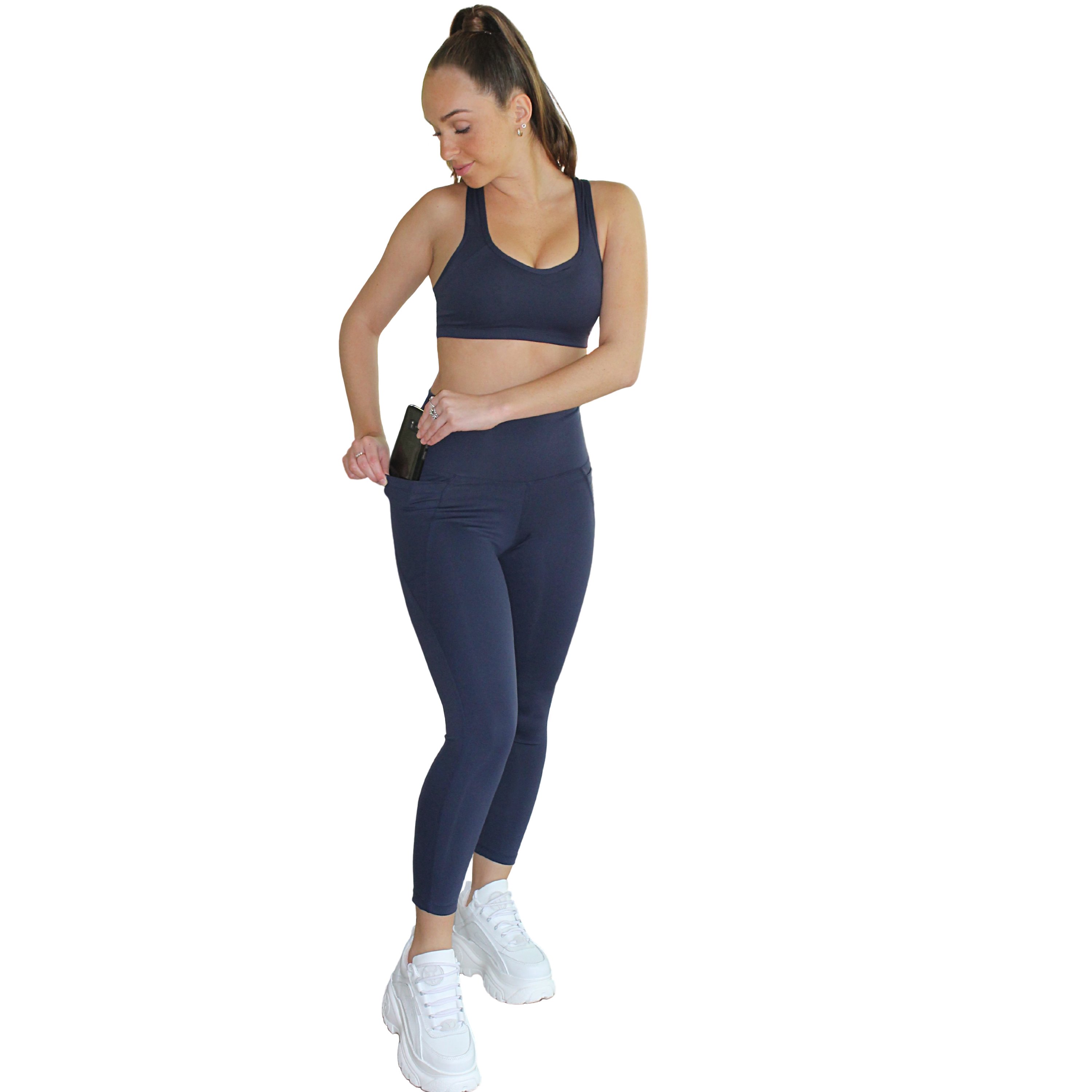 Ananda Racerback Sports Bra in Navy, featuring a double-lined design and removable cups, ideal for yoga and fitness.