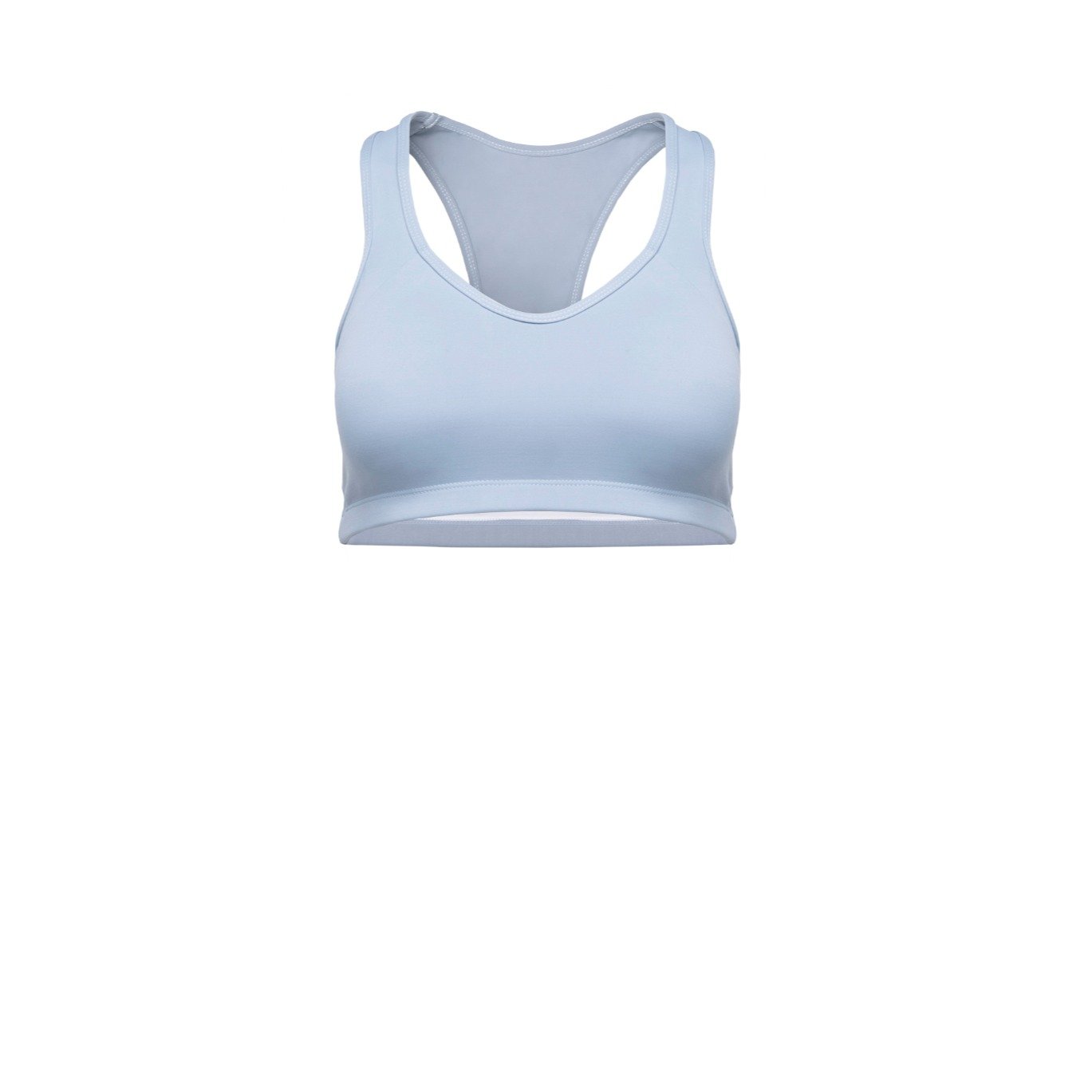 Ananda Racerback Sports Bra in Powder Blue, featuring a double-lined design and racerback style, ideal for yoga and fitness.