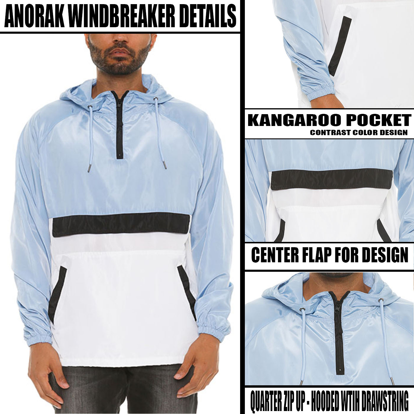 Anorak Windbreaker Jacket in a stylish design, featuring a quarter zip, flap design, and side pockets, perfect for outdoor activities.