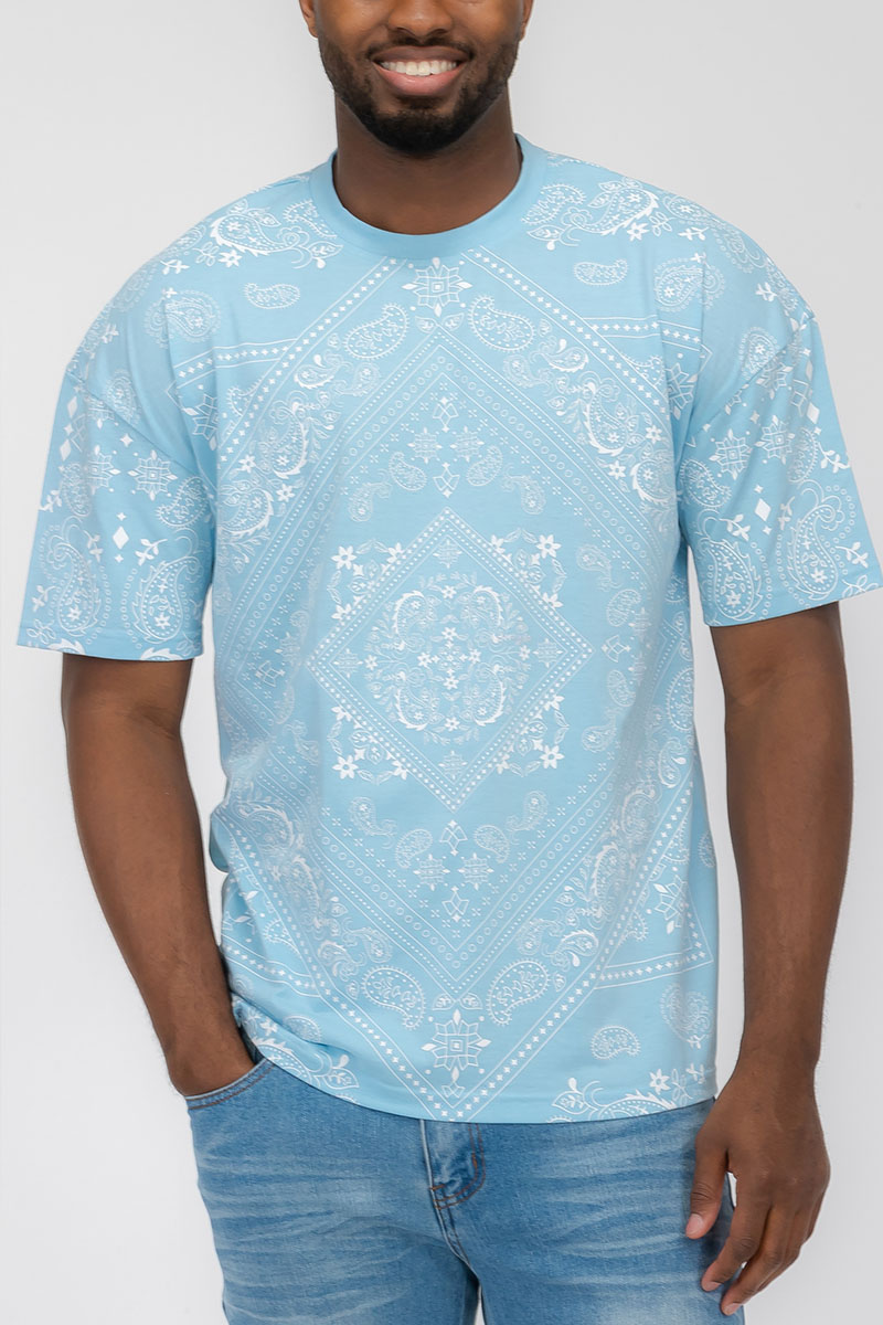 A stylish bandana print t-shirt made from 100% cotton, featuring a relaxed fit and vibrant design, perfect for casual wear.