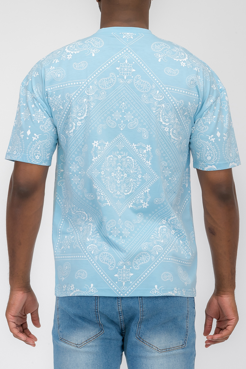 A stylish bandana print t-shirt made from 100% cotton, featuring a relaxed fit and vibrant design, perfect for casual wear.