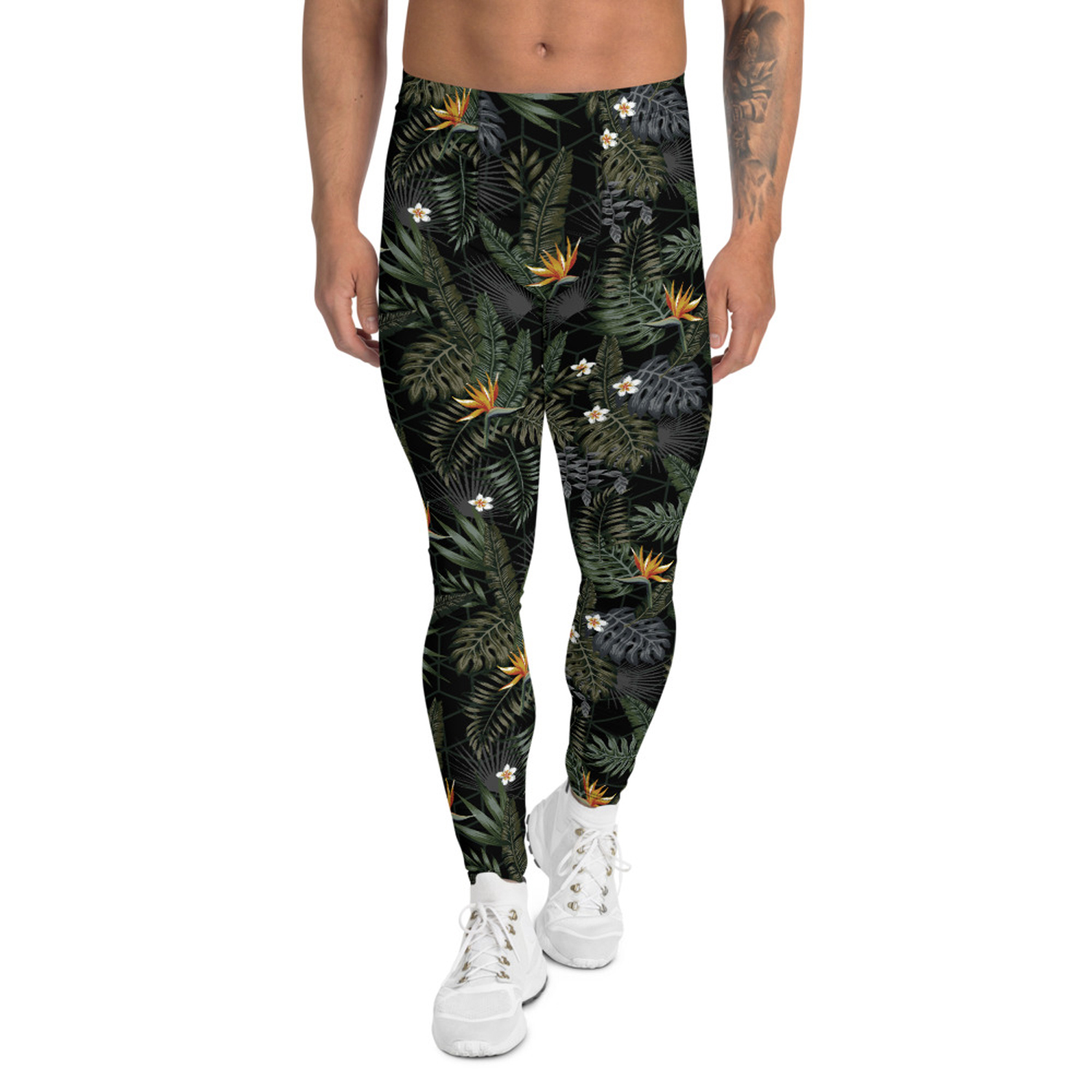 Bird of Paradise Mens Black Leggings showcasing a fitted design, high-performance fabric blend, and stylish print, ideal for various athletic activities.