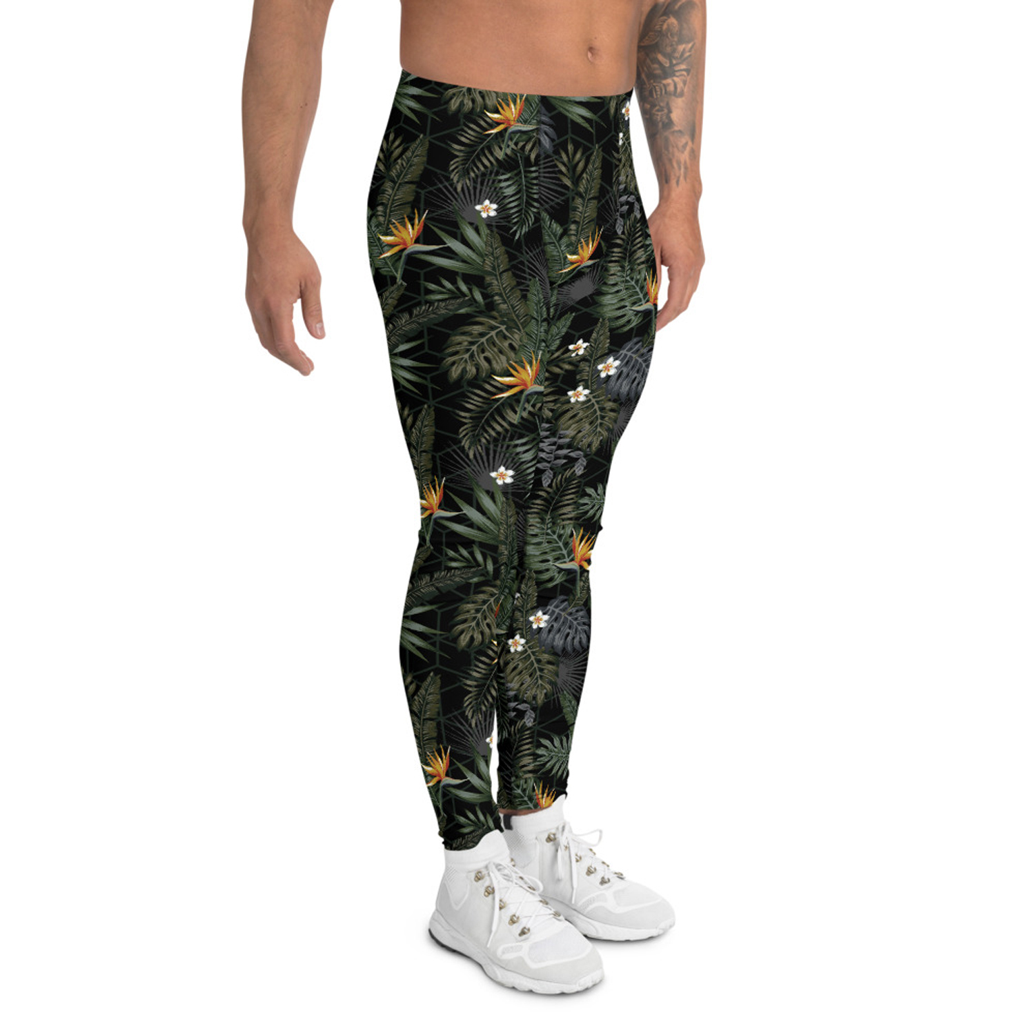 Bird of Paradise Mens Black Leggings showcasing a fitted design, high-performance fabric blend, and stylish print, ideal for various athletic activities.