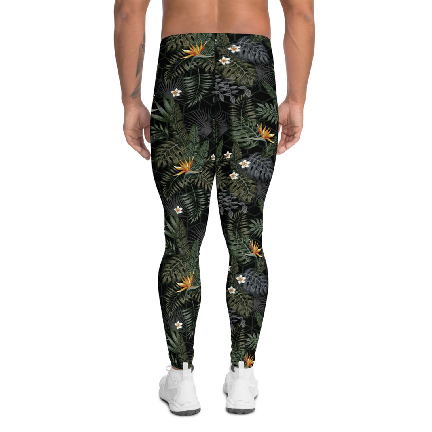 Bird of Paradise Mens Black Leggings showcasing a fitted design, high-performance fabric blend, and stylish print, ideal for various athletic activities.