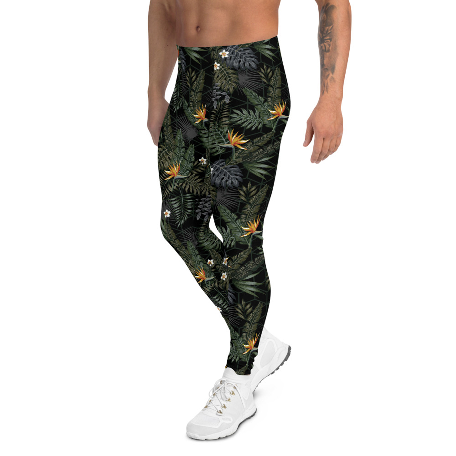 Bird of Paradise Mens Black Leggings showcasing a fitted design, high-performance fabric blend, and stylish print, ideal for various athletic activities.