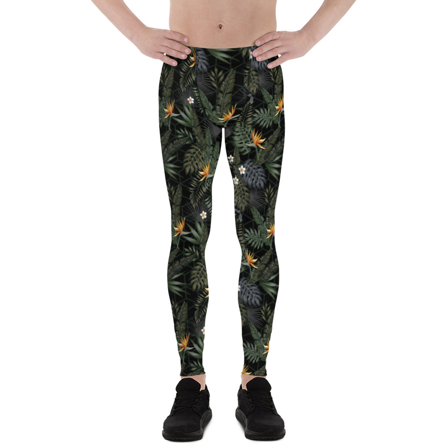 Bird of Paradise Mens Black Leggings showcasing a fitted design, high-performance fabric blend, and stylish print, ideal for various athletic activities.