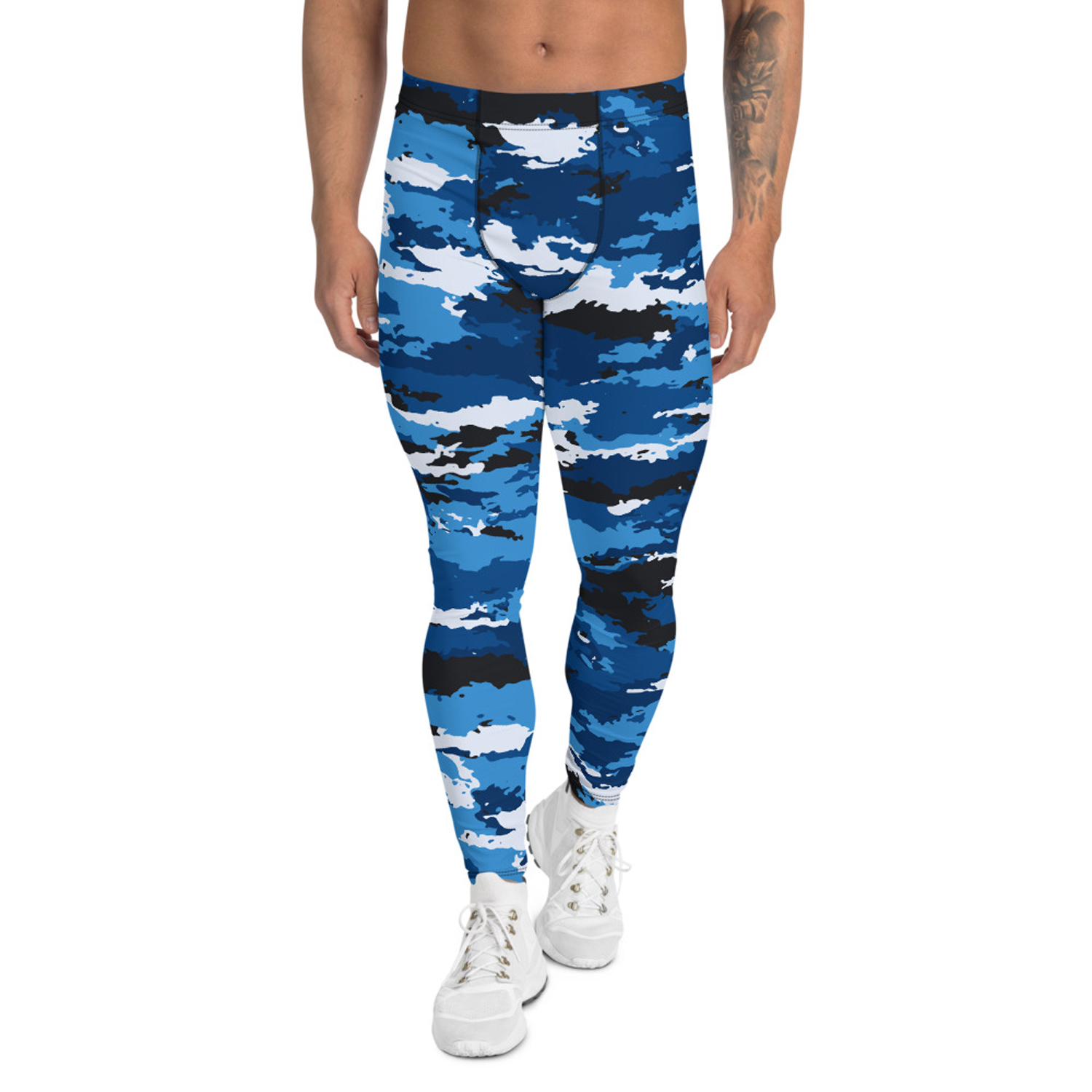 Blue camo leggings for men, showcasing a stylish design and high-performance fabric suitable for various activities.