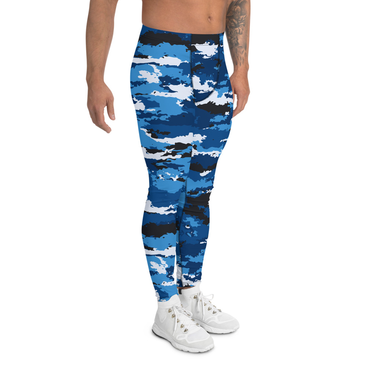 Blue camo leggings for men, showcasing a stylish design and high-performance fabric suitable for various activities.