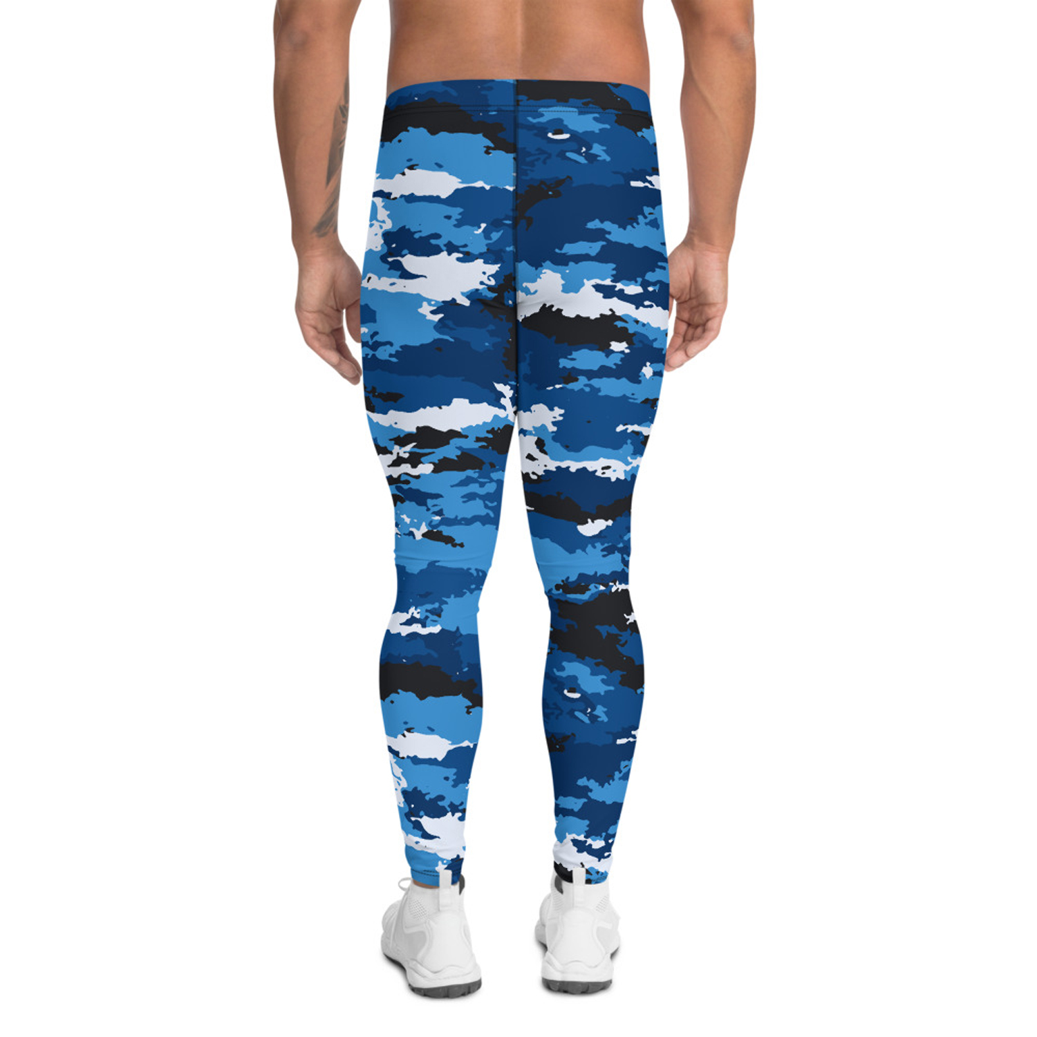 Blue camo leggings for men, showcasing a stylish design and high-performance fabric suitable for various activities.