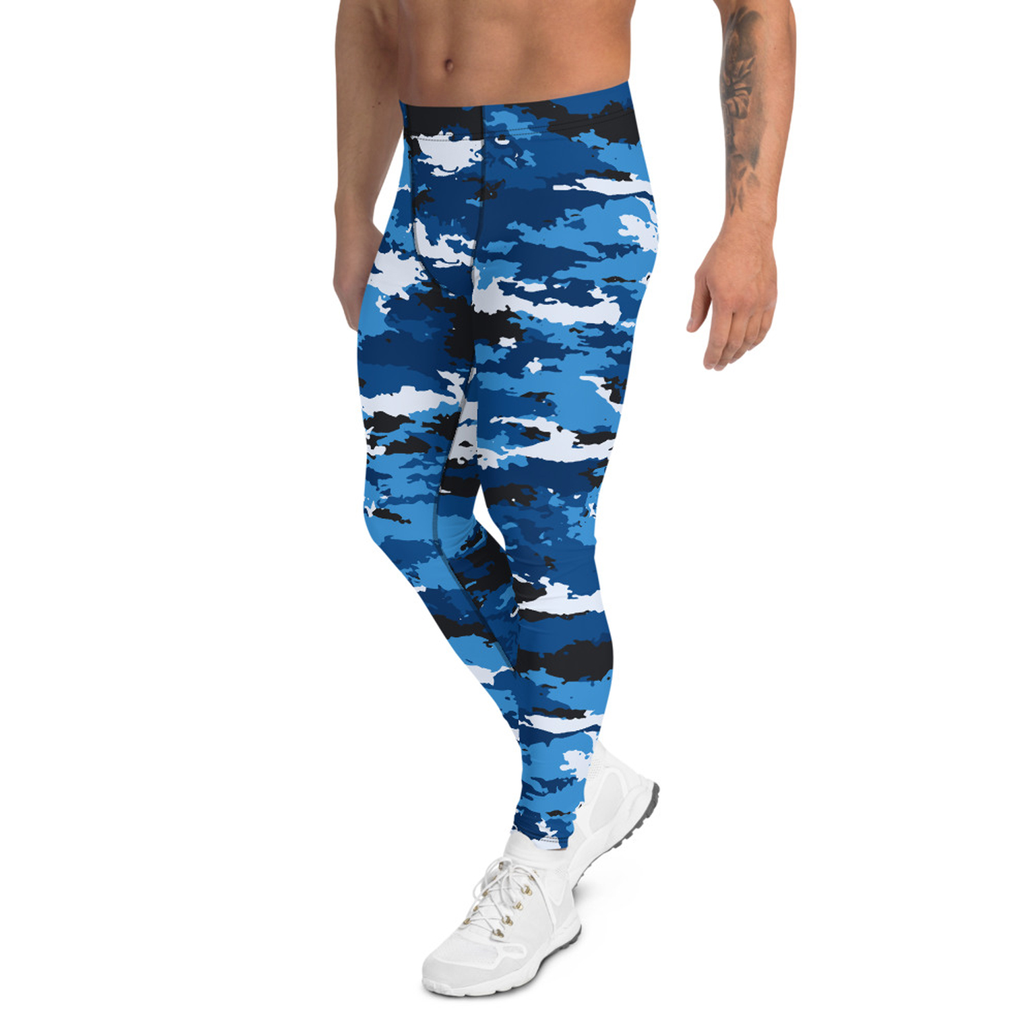 Blue camo leggings for men, showcasing a stylish design and high-performance fabric suitable for various activities.