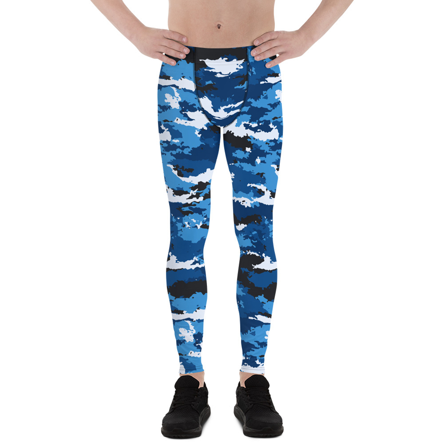 Blue camo leggings for men, showcasing a stylish design and high-performance fabric suitable for various activities.