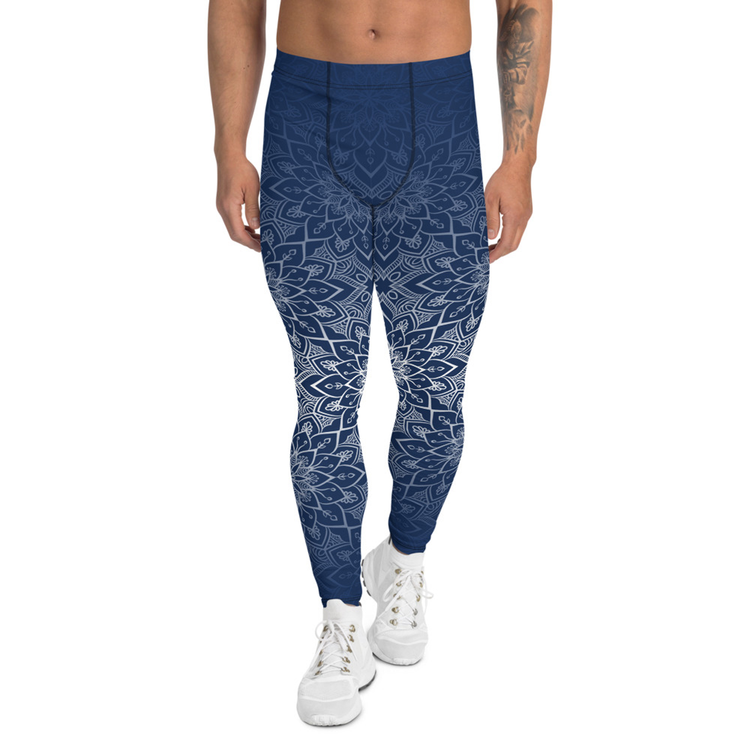 Blue Mandala Leggings for Men, showcasing a vibrant mandala print with a comfortable fit, ideal for various activities.