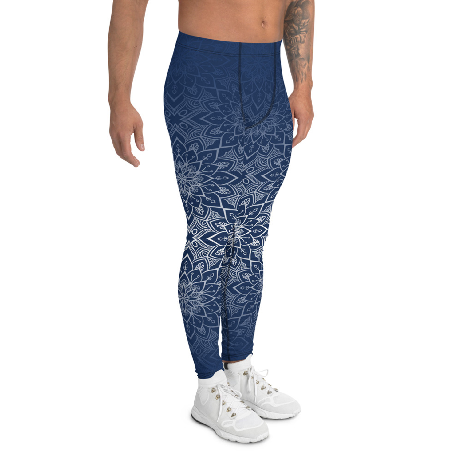 Blue Mandala Leggings for Men, showcasing a vibrant mandala print with a comfortable fit, ideal for various activities.