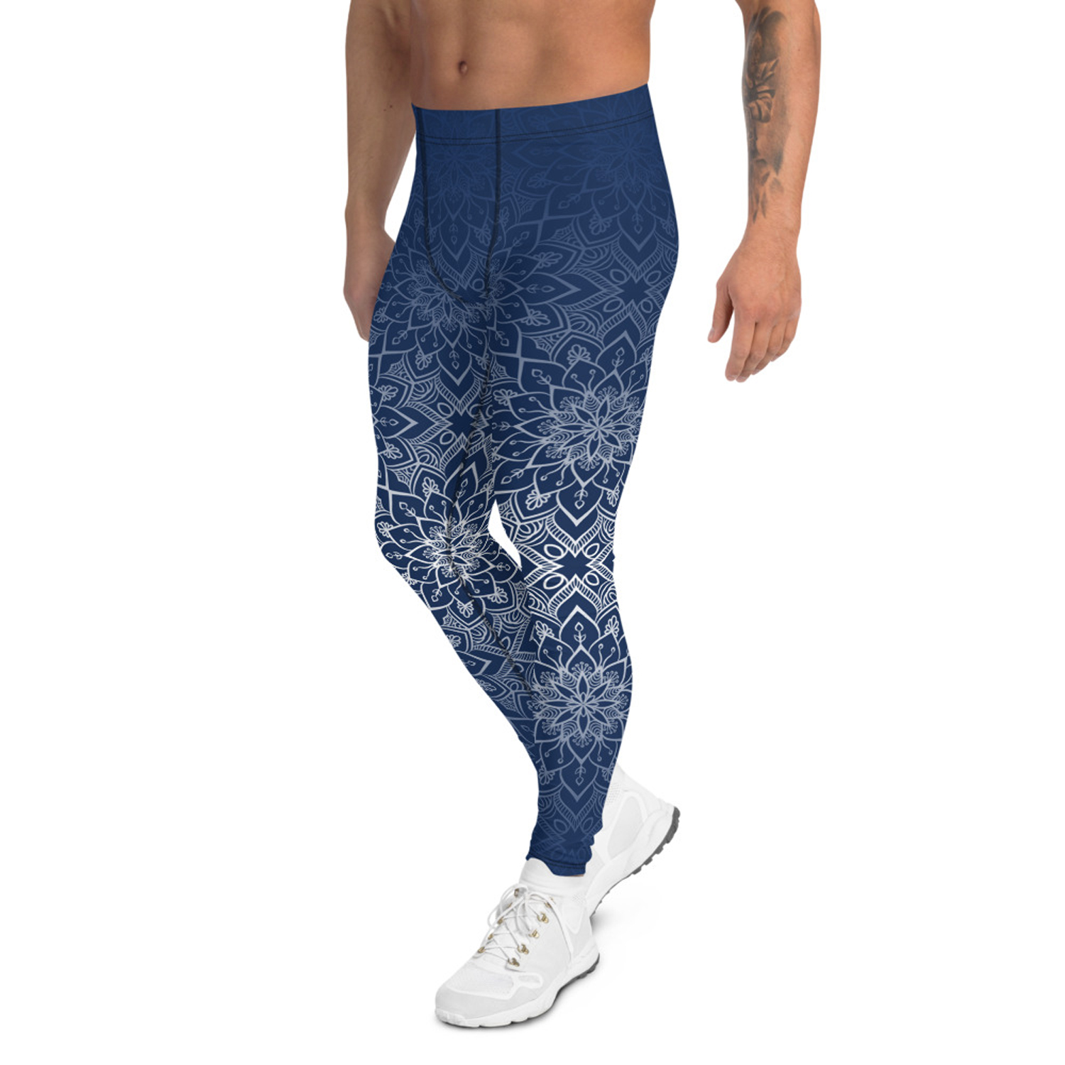 Blue Mandala Leggings for Men, showcasing a vibrant mandala print with a comfortable fit, ideal for various activities.