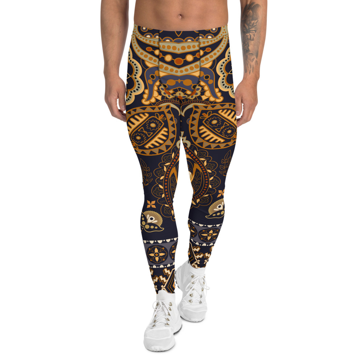 A pair of Bohemian Tribal Leggings for Men featuring a vibrant tribal print, designed for comfort and performance during various activities.