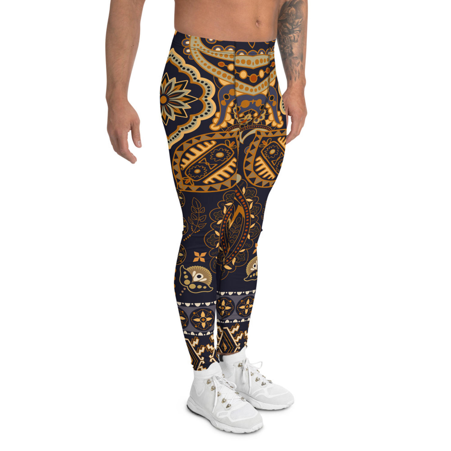 A pair of Bohemian Tribal Leggings for Men featuring a vibrant tribal print, designed for comfort and performance during various activities.