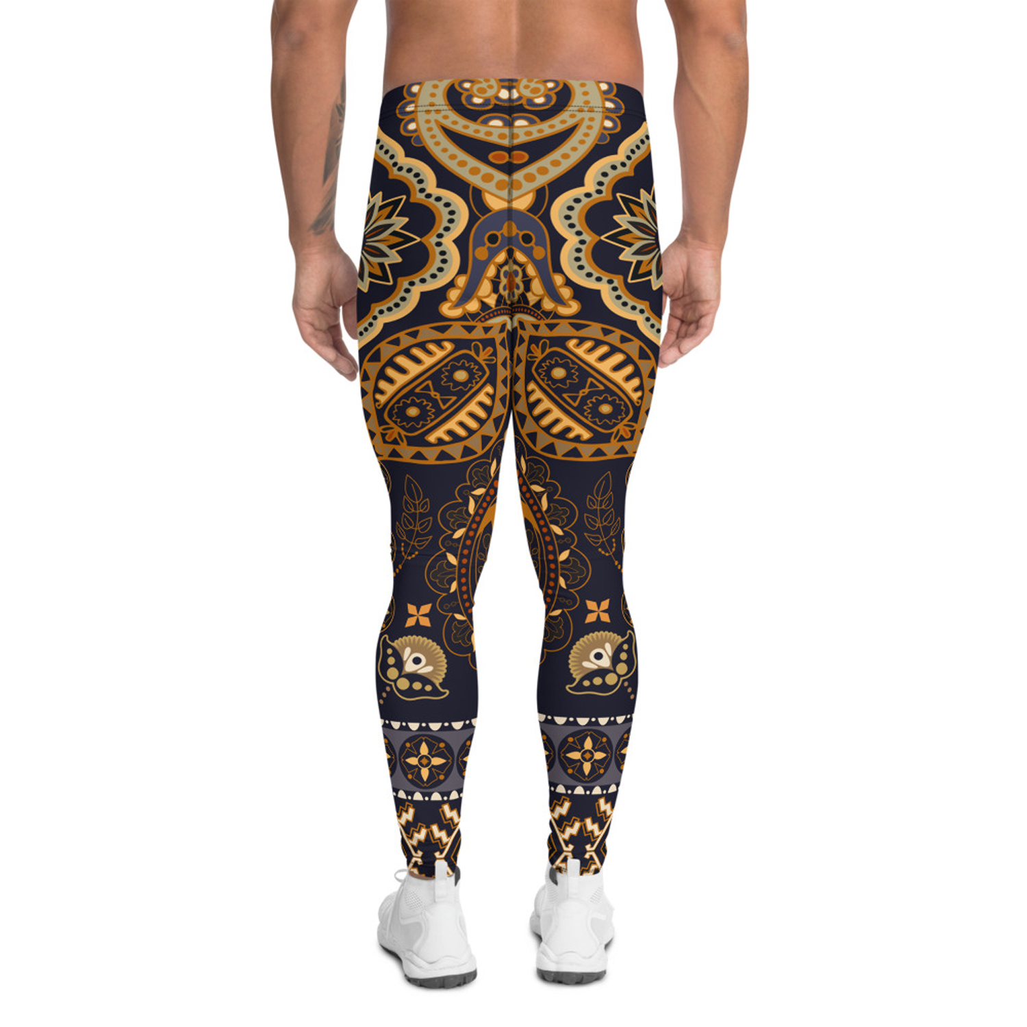 A pair of Bohemian Tribal Leggings for Men featuring a vibrant tribal print, designed for comfort and performance during various activities.