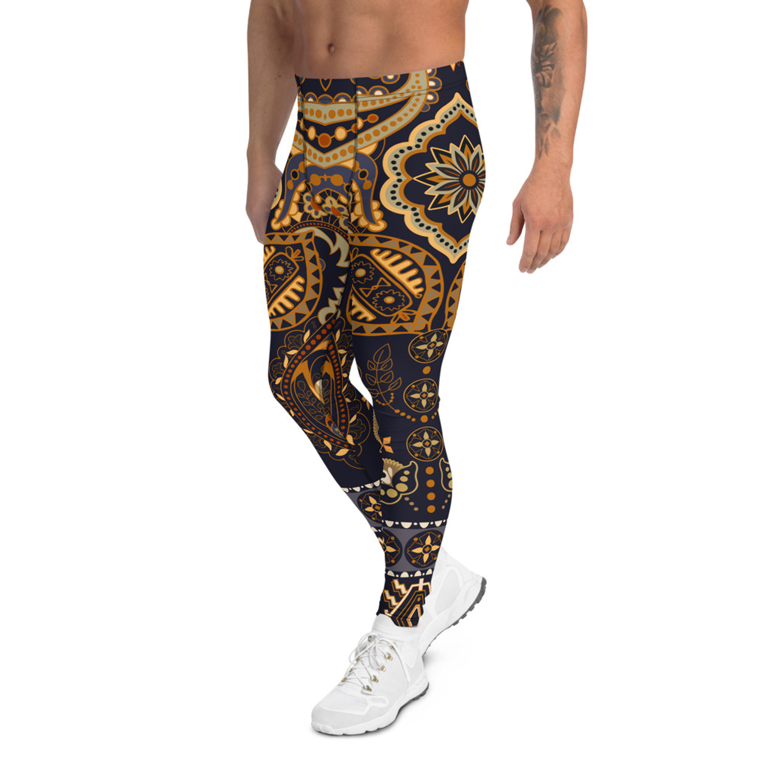 A pair of Bohemian Tribal Leggings for Men featuring a vibrant tribal print, designed for comfort and performance during various activities.