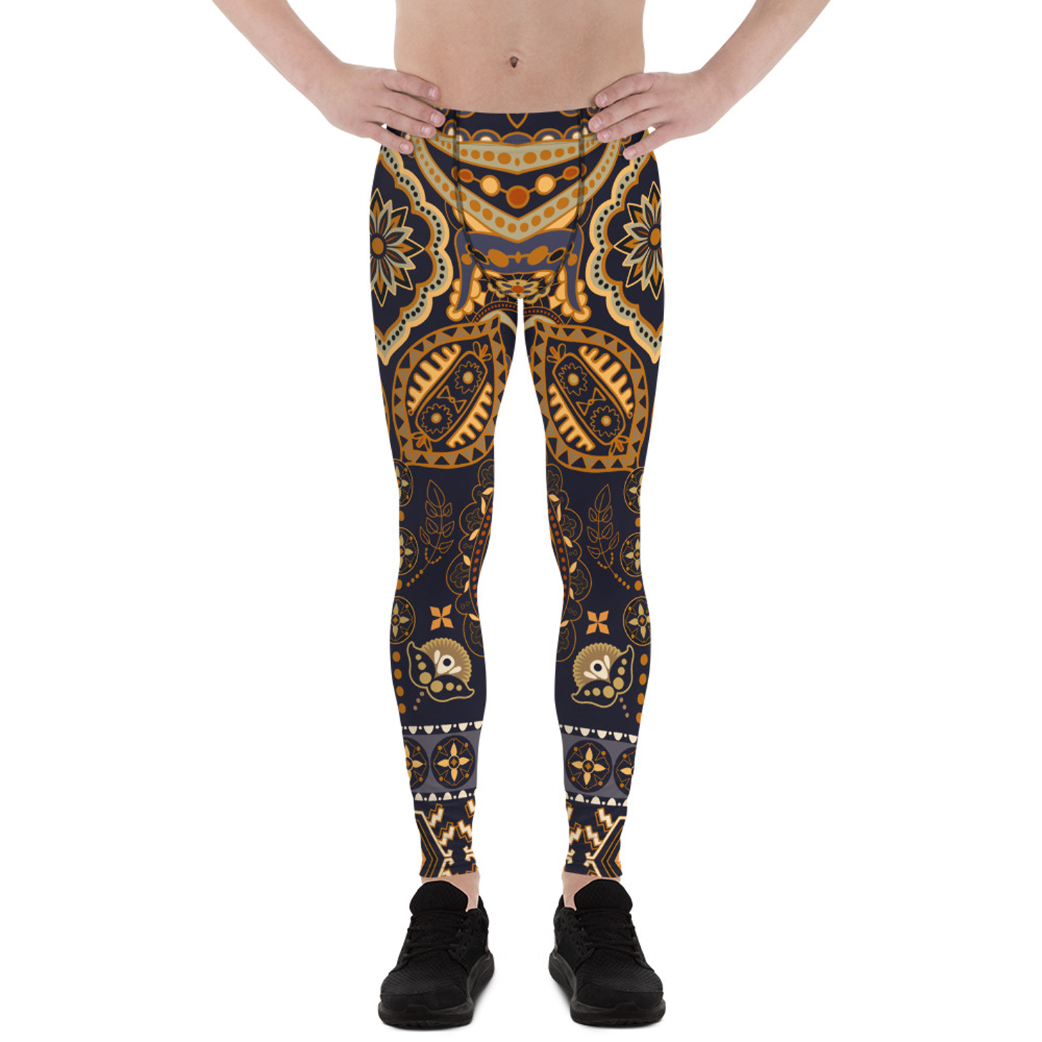 A pair of Bohemian Tribal Leggings for Men featuring a vibrant tribal print, designed for comfort and performance during various activities.