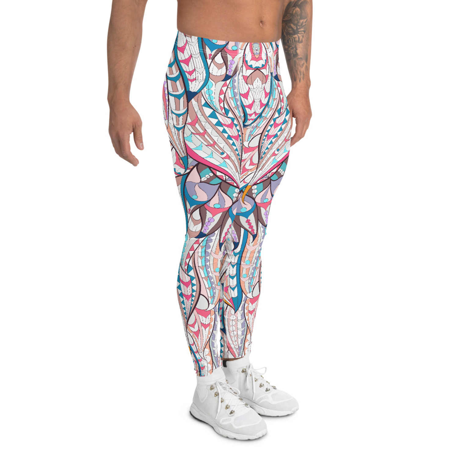 Men's Boho Feather Leggings showcasing a vibrant feather print, designed for comfort and performance during various activities.