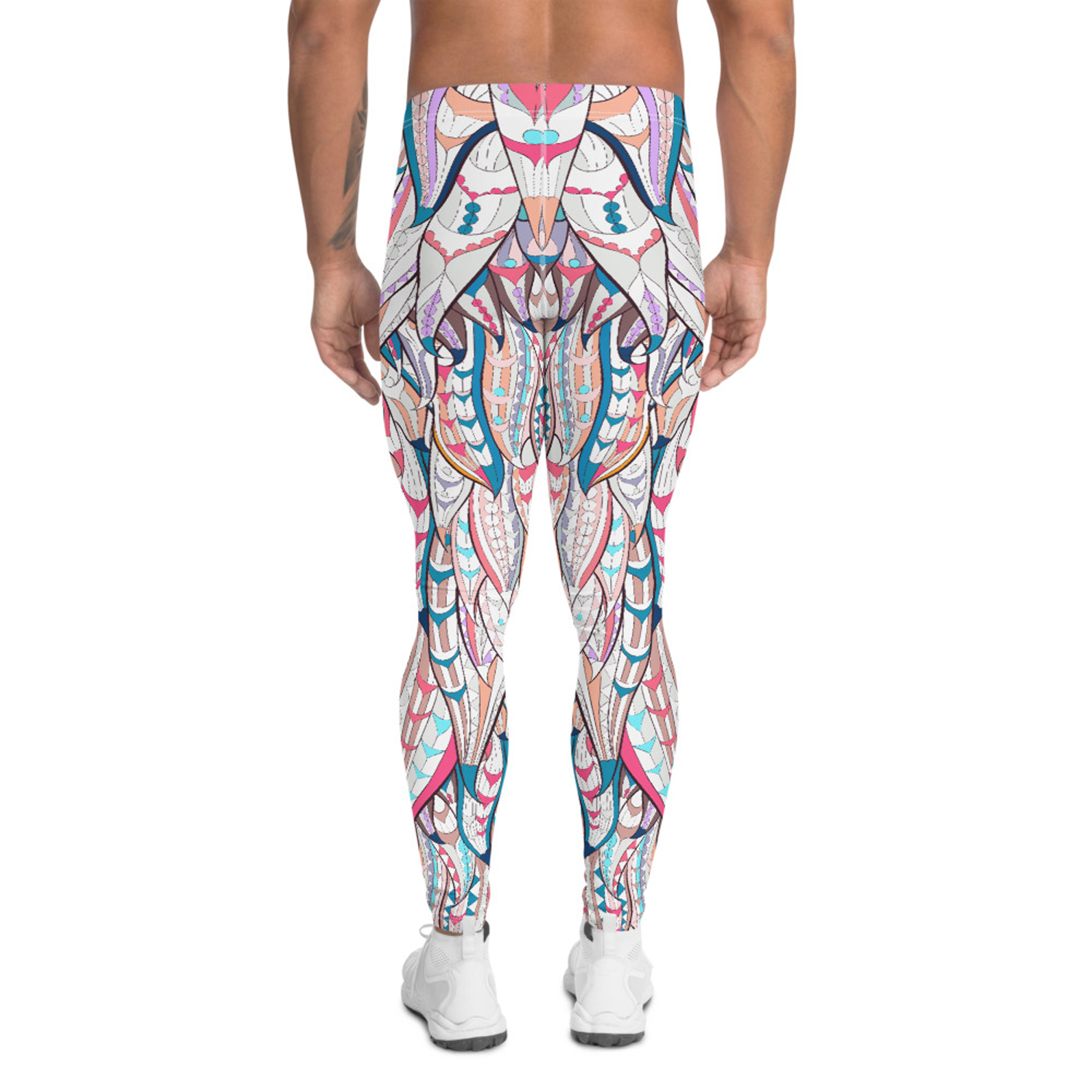 Men's Boho Feather Leggings showcasing a vibrant feather print, designed for comfort and performance during various activities.