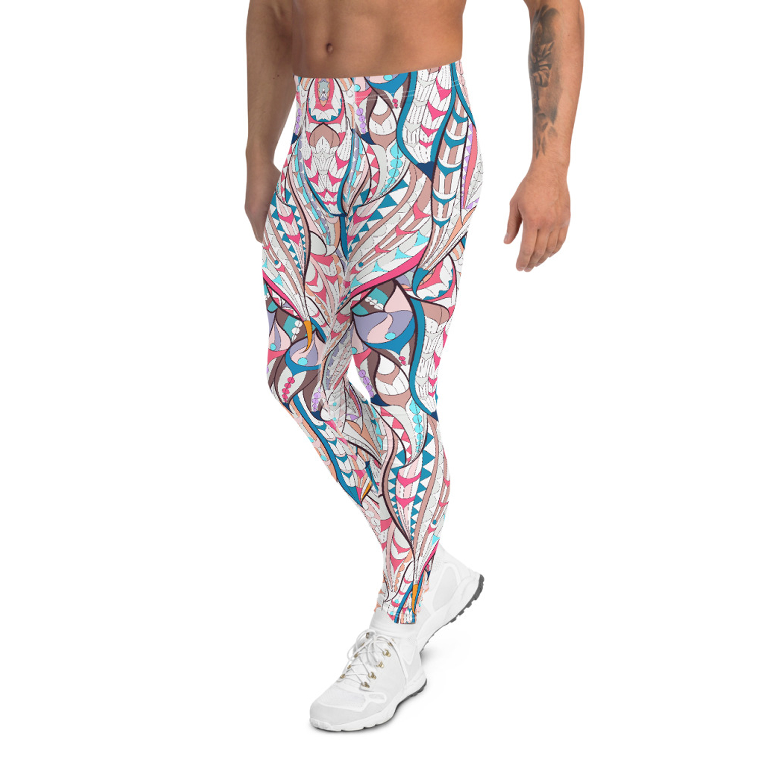 Men's Boho Feather Leggings showcasing a vibrant feather print, designed for comfort and performance during various activities.