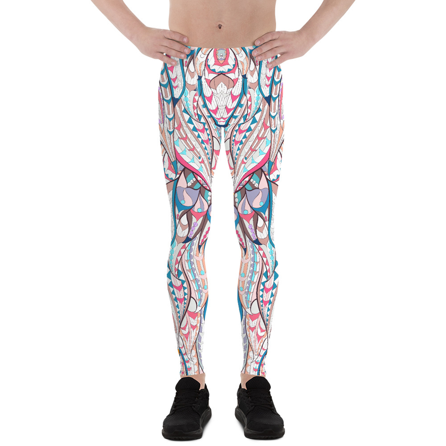 Men's Boho Feather Leggings showcasing a vibrant feather print, designed for comfort and performance during various activities.