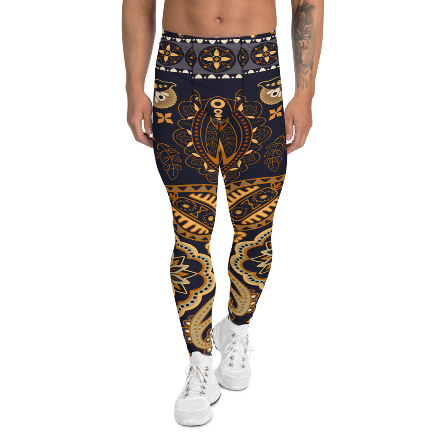 A pair of stylish Boho leggings for men, showcasing a unique print and high-performance fabric blend, perfect for active lifestyles.