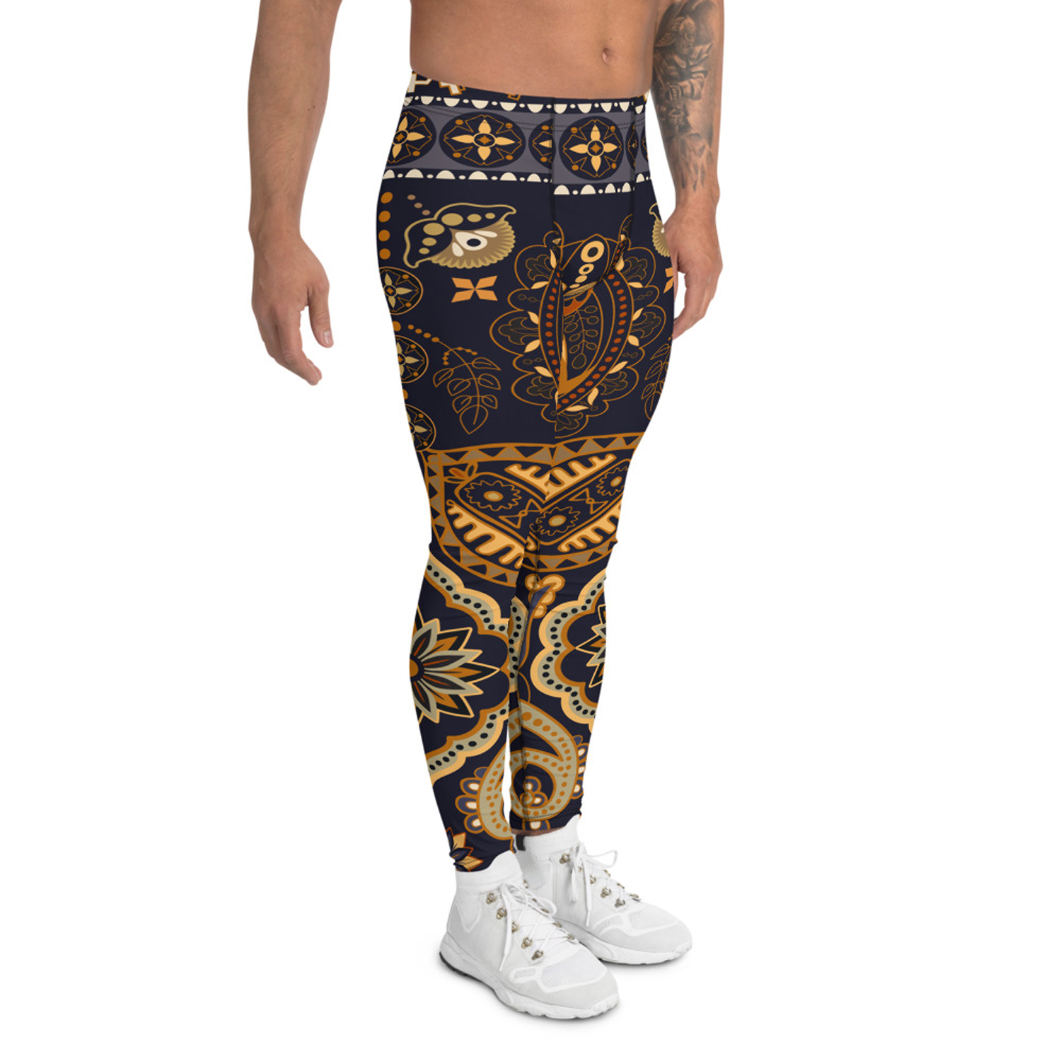 A pair of stylish Boho leggings for men, showcasing a unique print and high-performance fabric blend, perfect for active lifestyles.