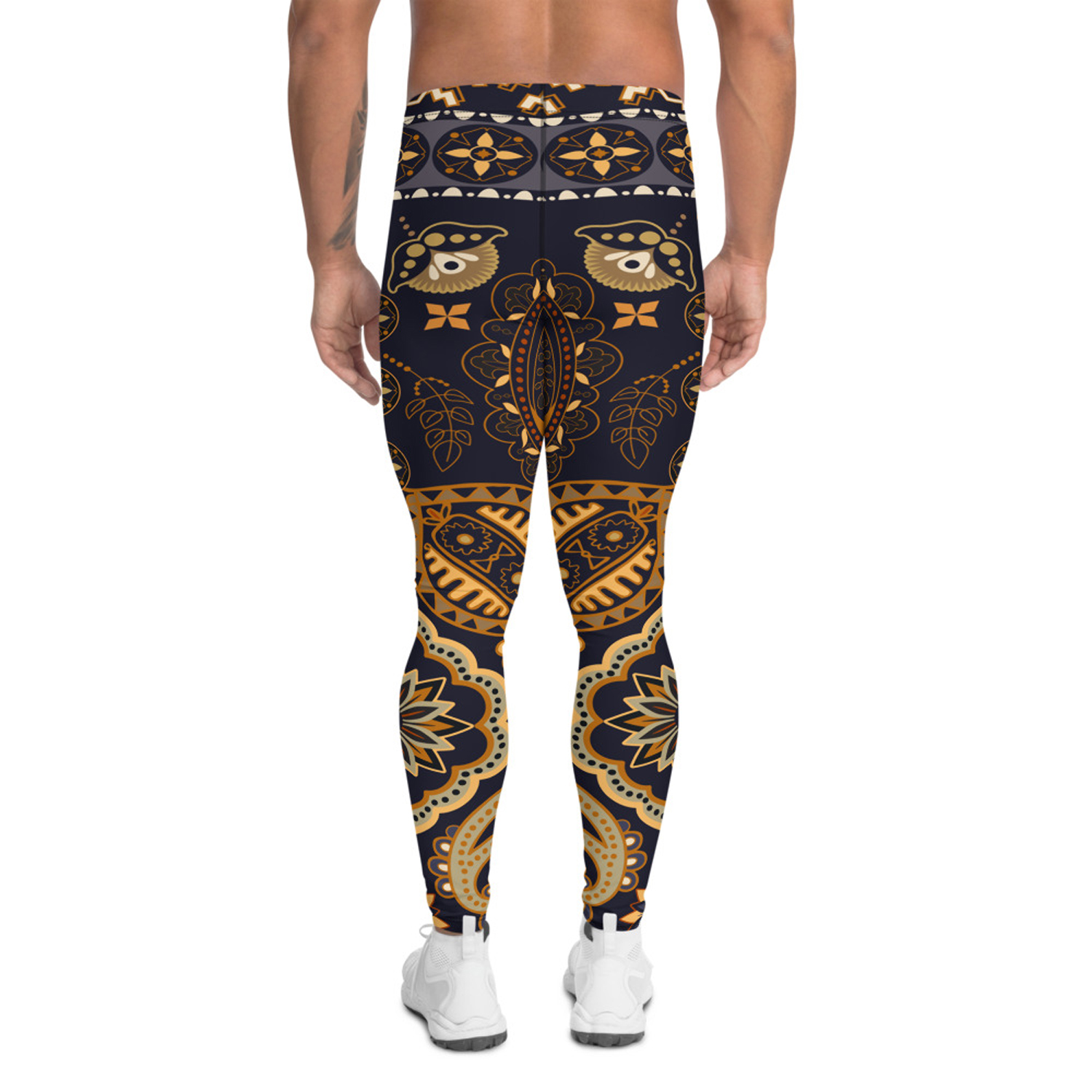 A pair of stylish Boho leggings for men, showcasing a unique print and high-performance fabric blend, perfect for active lifestyles.