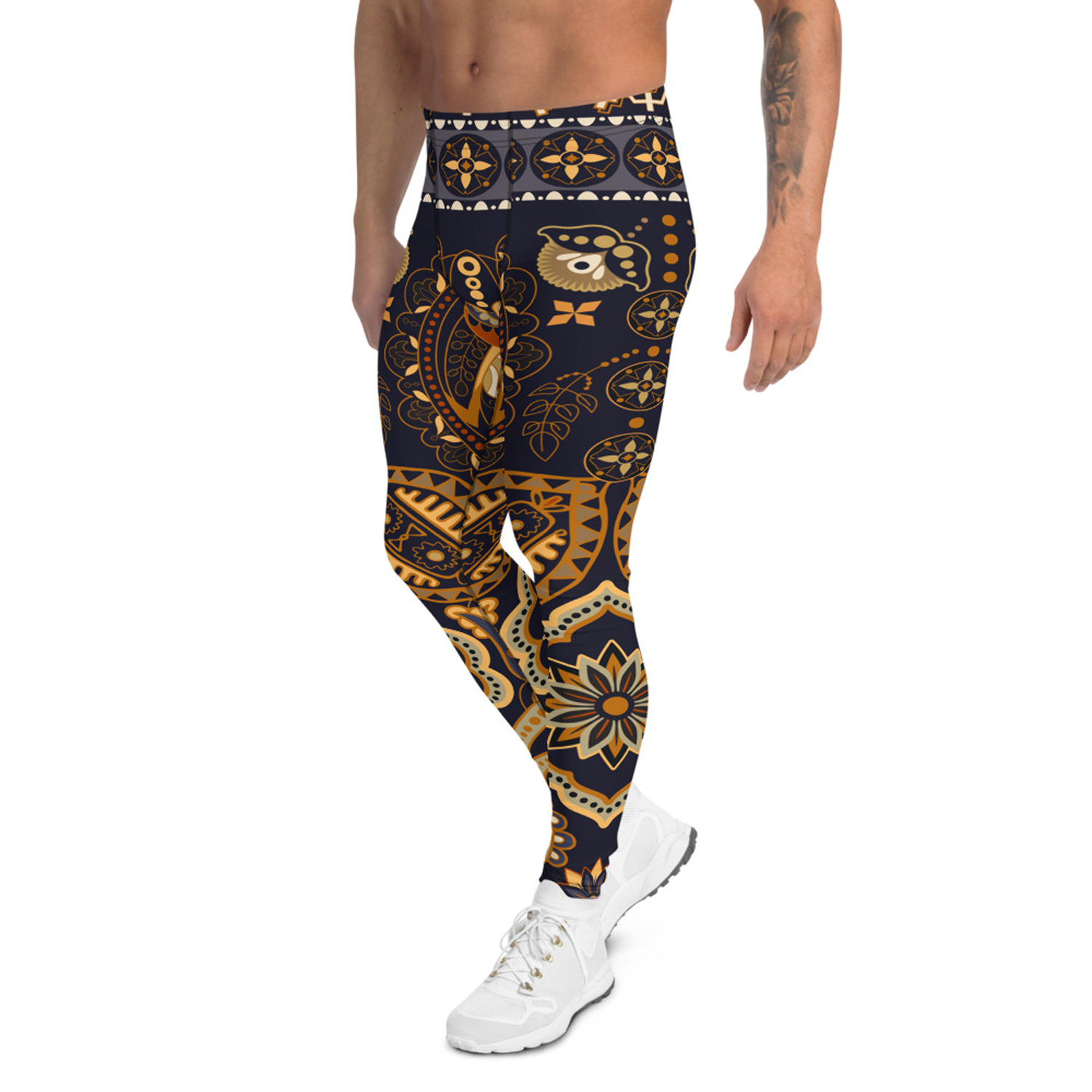 A pair of stylish Boho leggings for men, showcasing a unique print and high-performance fabric blend, perfect for active lifestyles.