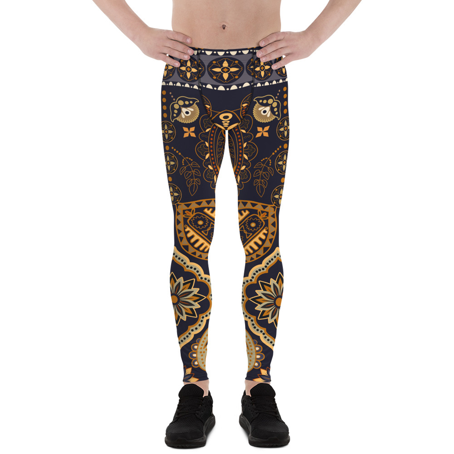 A pair of stylish Boho leggings for men, showcasing a unique print and high-performance fabric blend, perfect for active lifestyles.