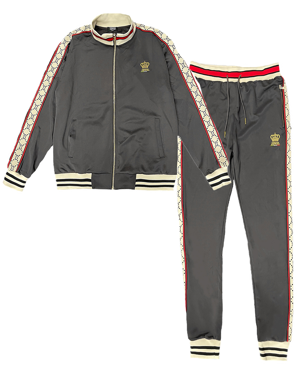 Men's CC Logo Track Jacket and Pant Set featuring a full zip-up jacket and elastic waist pants with striped logo detailing.