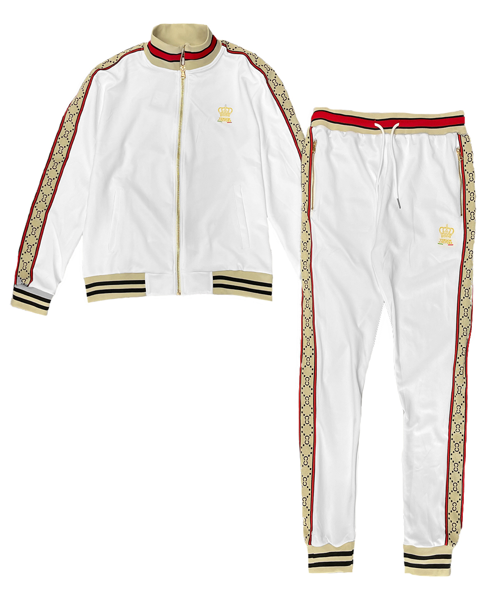 Men's CC Logo Track Jacket and Pant Set featuring a full zip-up jacket and elastic waist track pants with striped logo detailing.