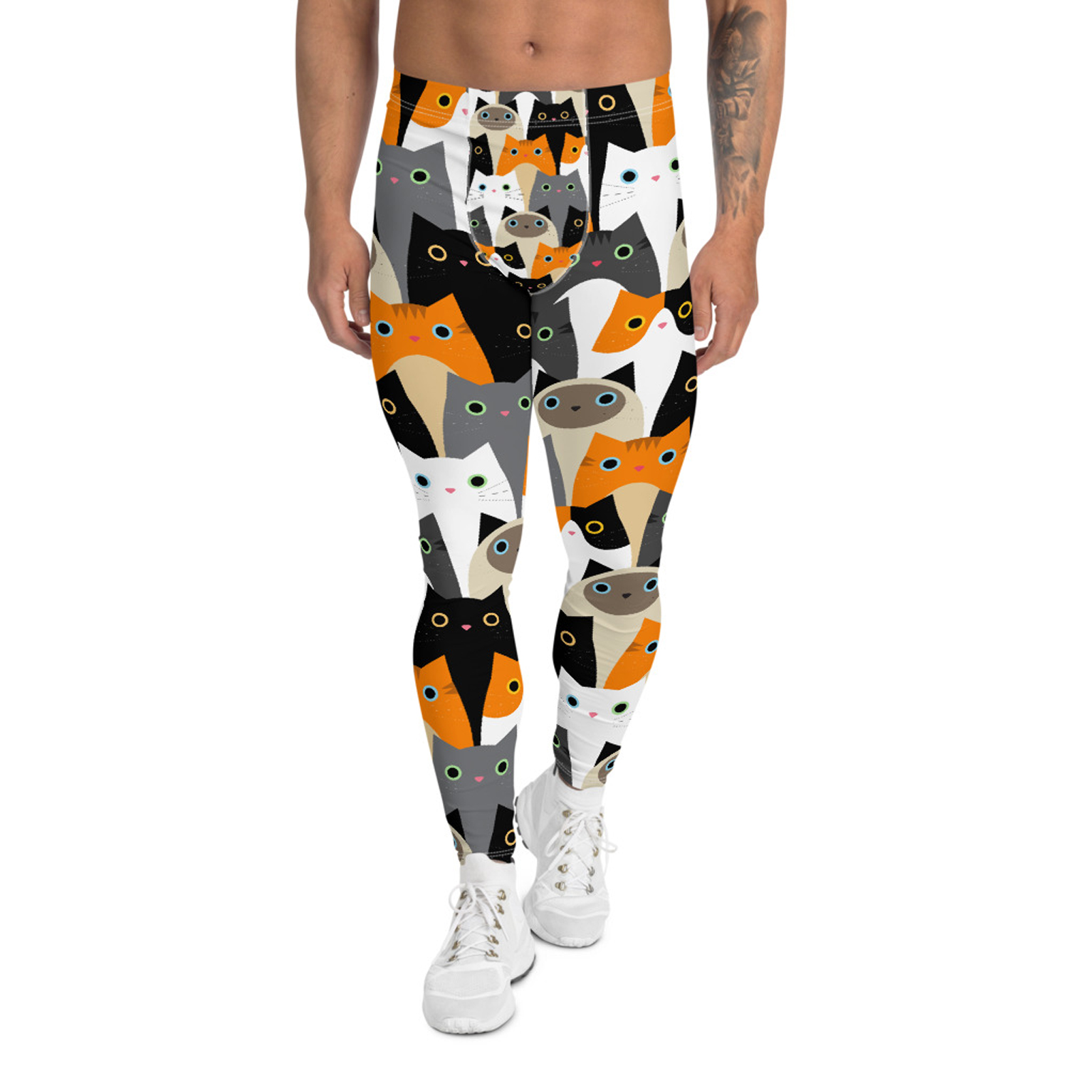 A pair of stylish Cat Leggings for Men, showcasing a unique print, made from a high-performance fabric blend, designed for comfort and active use.