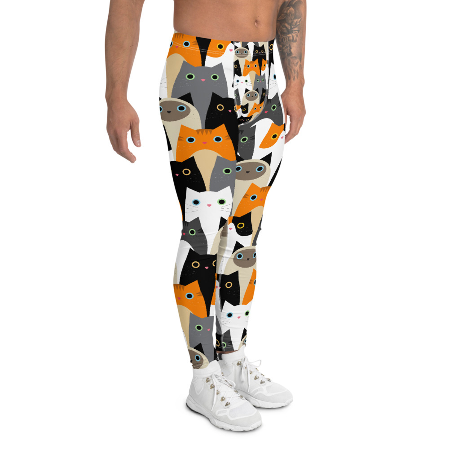 A pair of stylish Cat Leggings for Men, showcasing a unique print, made from a high-performance fabric blend, designed for comfort and active use.