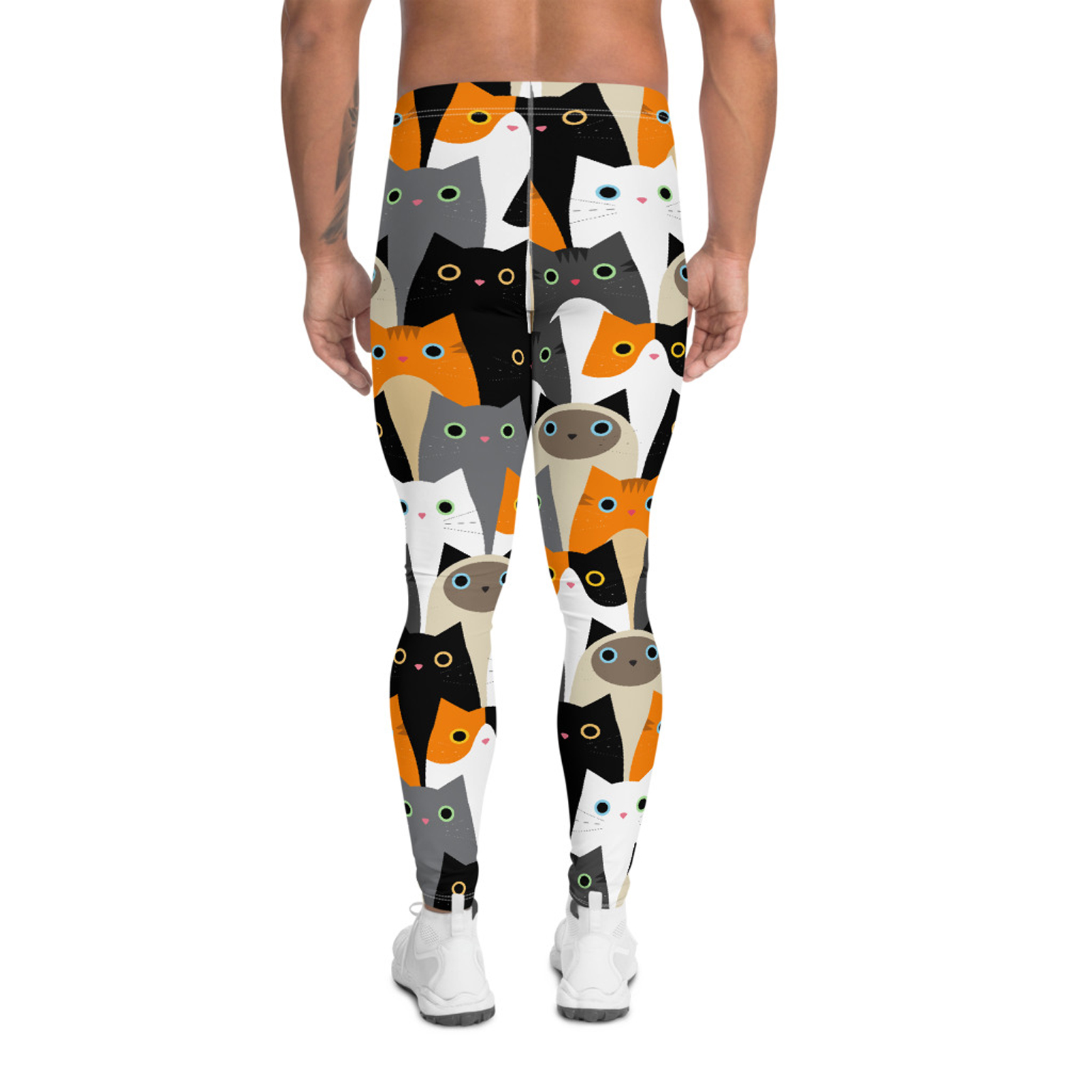 A pair of stylish Cat Leggings for Men, showcasing a unique print, made from a high-performance fabric blend, designed for comfort and active use.