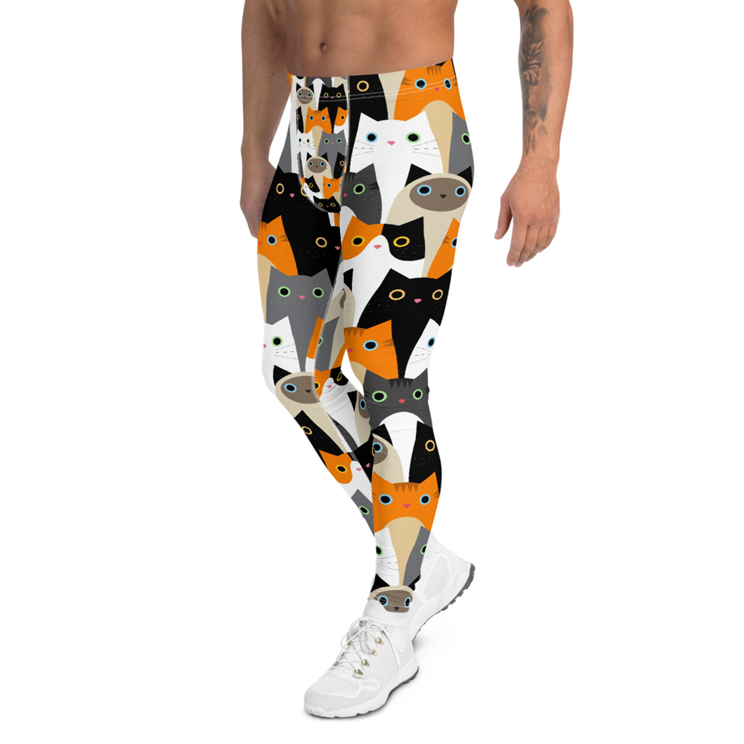 A pair of stylish Cat Leggings for Men, showcasing a unique print, made from a high-performance fabric blend, designed for comfort and active use.