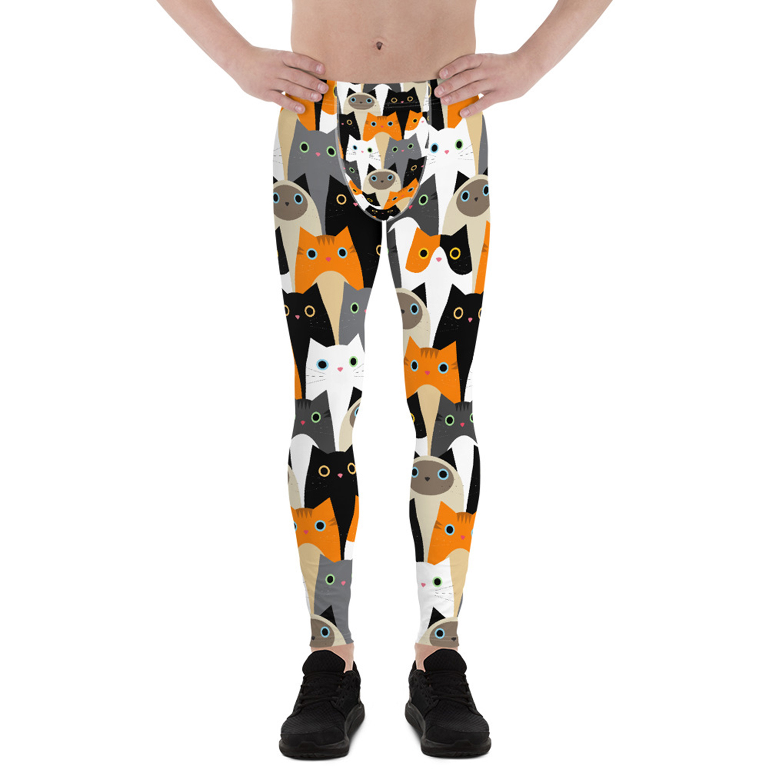 A pair of stylish Cat Leggings for Men, showcasing a unique print, made from a high-performance fabric blend, designed for comfort and active use.