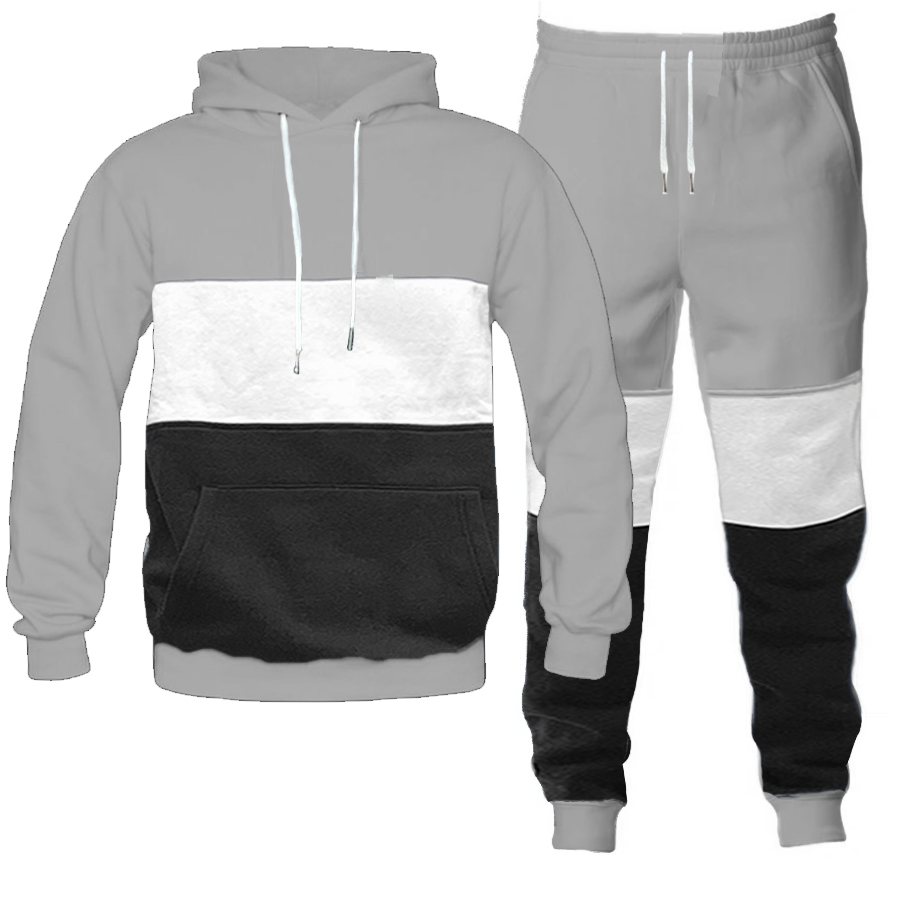 A stylish color block hoodie and jogger sweat pant set displayed on a mannequin, featuring an adjustable drawstring hood and elastic ribbed cuffs.